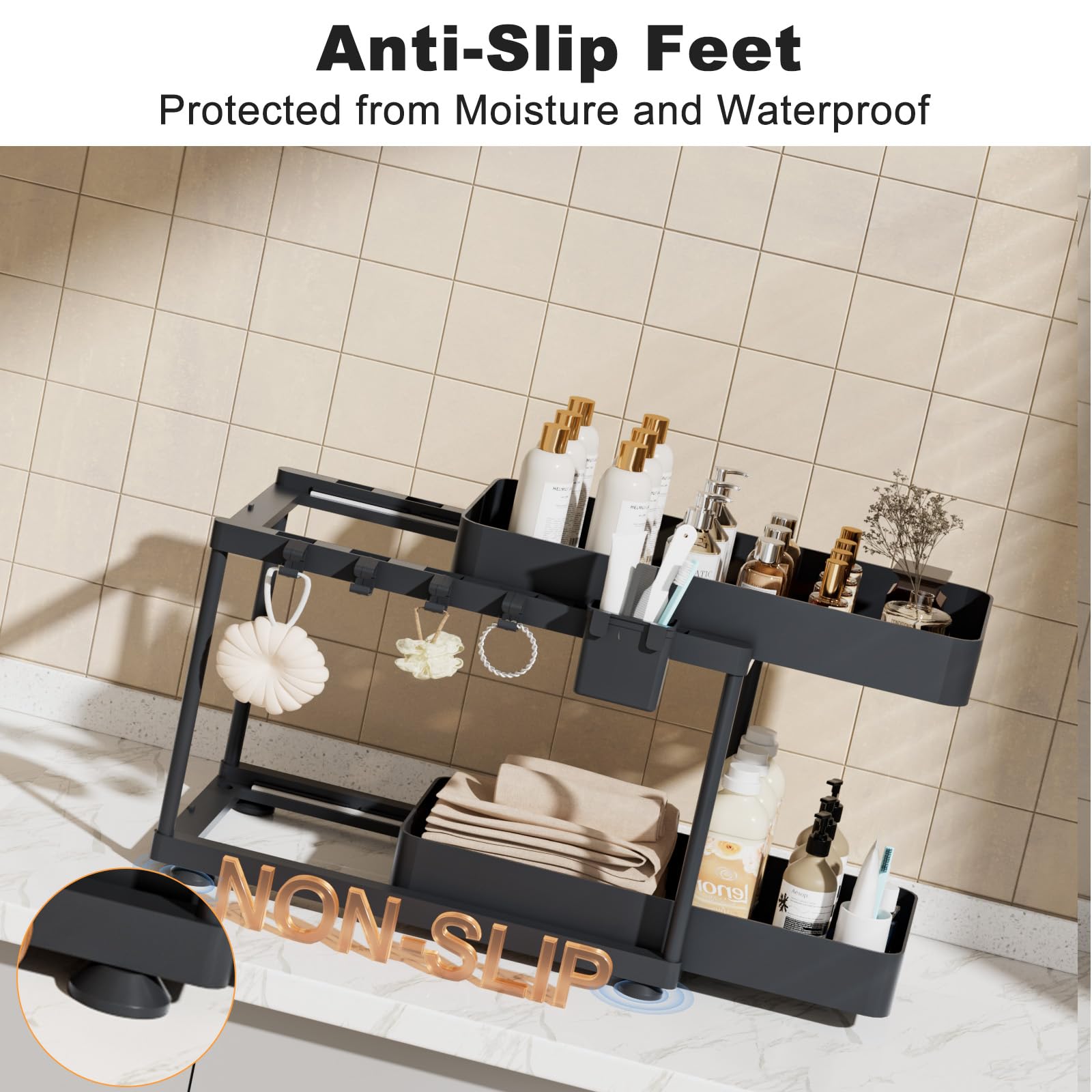 2 Pack Under Sink Organizer - 2 Tier Sliding Bathroom Cabinet Storage with 2 Hanging Cups & 8 Hooks, Space Saving Under Sink Shelf for Bathroom, Kitchen, Laundry Room - Black