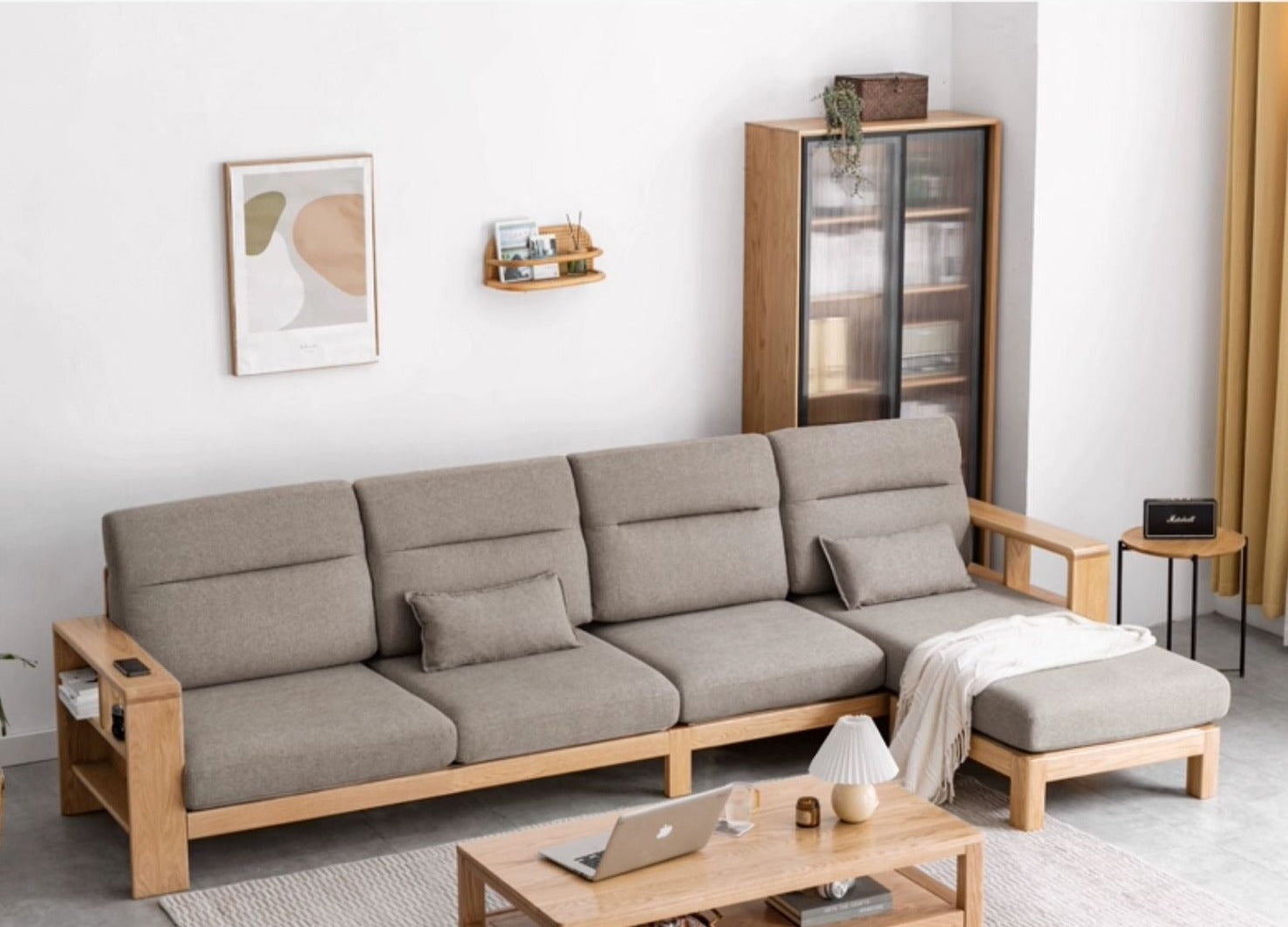 Premium Oak Solid Wood Sectional Sofa Set - Modern L-Shaped Couch with Storage for Living Room, Lounge & Family Room - Durable Hardwood Furniture for Home Decor