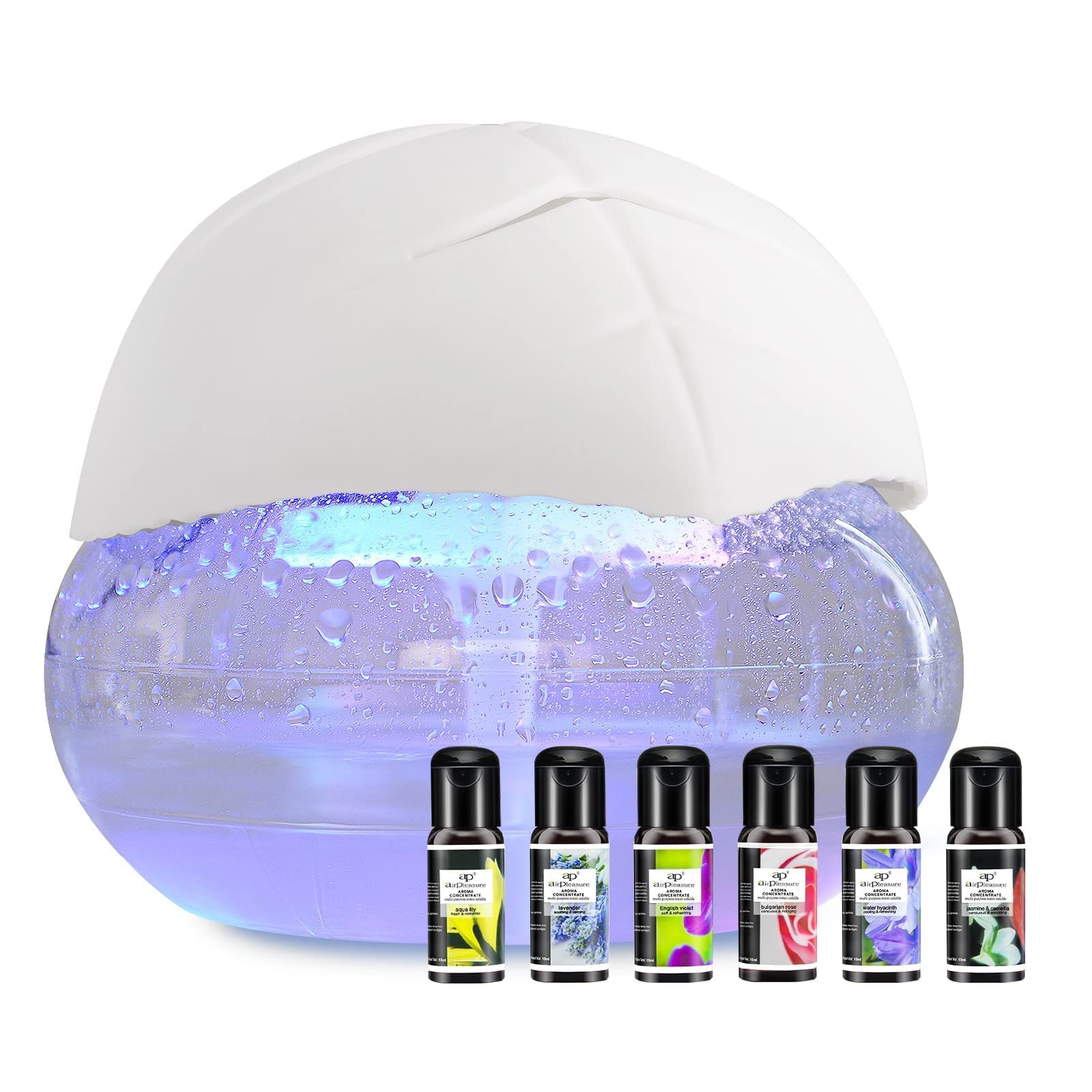 Water-Based Air Purifier & Revitalizer with 7 Color Changing LED Lights - Includes 7 Premium Essential Oils (Lavender, Aqua Lily, Bulgarian Rose, English Violet, Jasmine, Camellia, Water Hyacinth) - 15ml Each - Perfect for Home, Office, Bedroom & Spa Relaxation