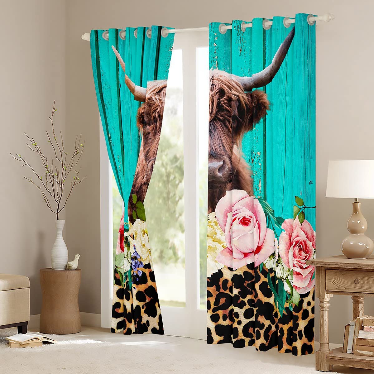 Highland Cow Window Curtains 52x96 Inches - 2 Panels Safari Animal Print Drapes for Bedroom, Living Room & Kids Room | Brown Cheetah Leopard Floral Pattern with Teal Blue Wooden Decor | Perfect for Farmhouse, Nursery & Jungle Theme Decorations