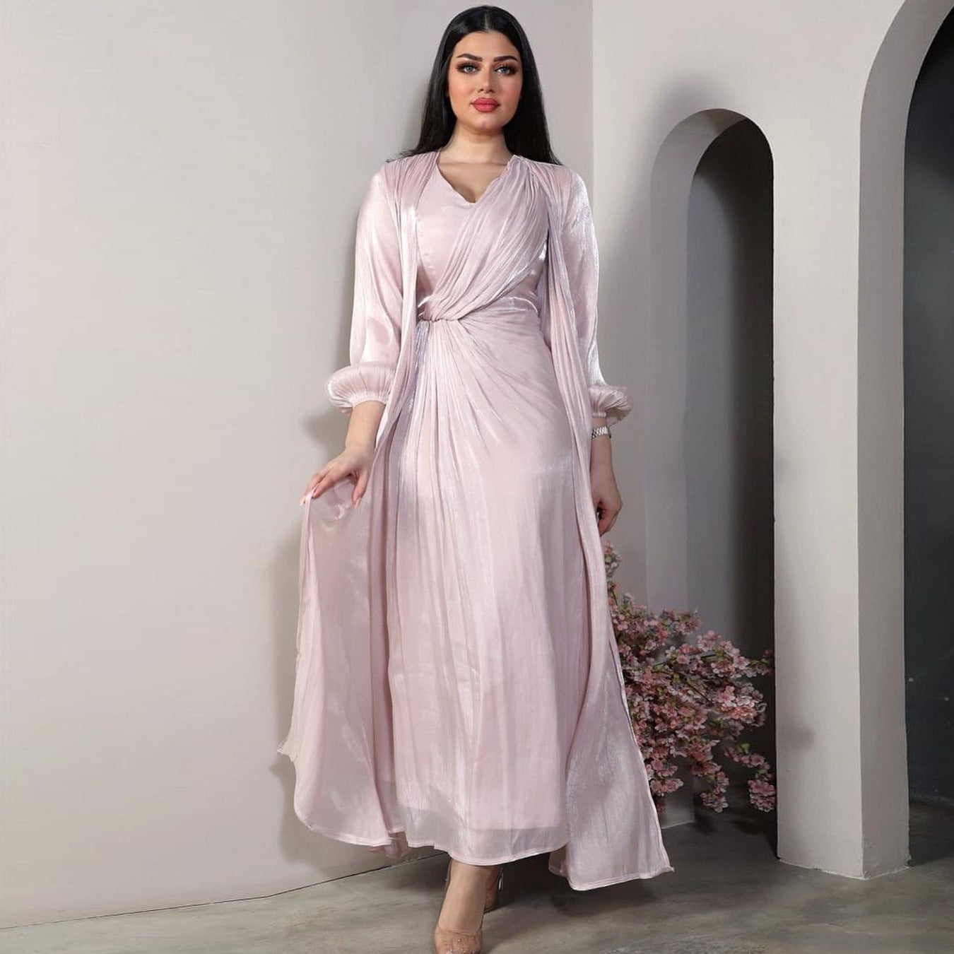 Women's Plain Bright Silk Dress Two Piece Set - Elegant & Comfortable Outfit for Summer, Parties, and Special Occasions