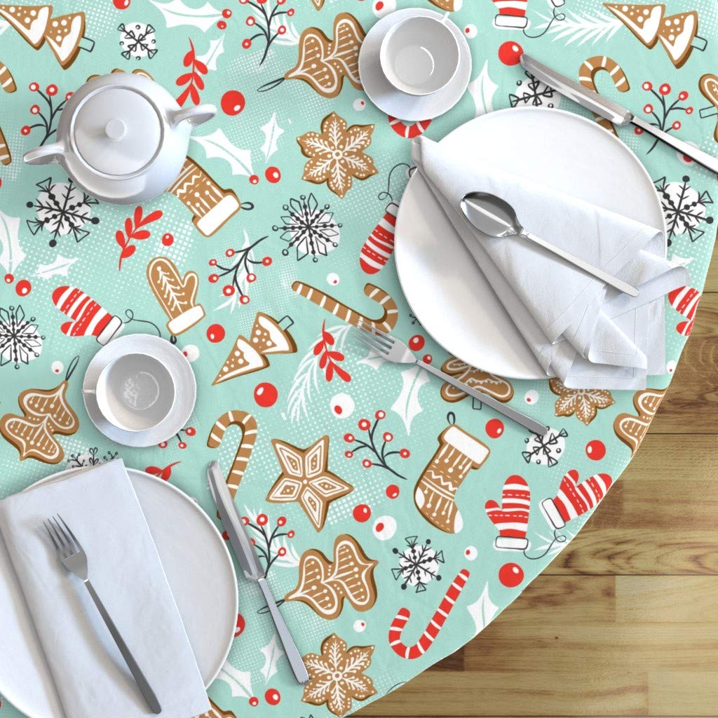 Custom Printed Spoonflower Cotton Sateen Tablecloth - 70 Inch Round Gingerbread Dreams Aqua Baking Christmas Holiday Cookies Retro Design | Perfect for Holiday Parties, Cookie Baking Decor & Festive Dining