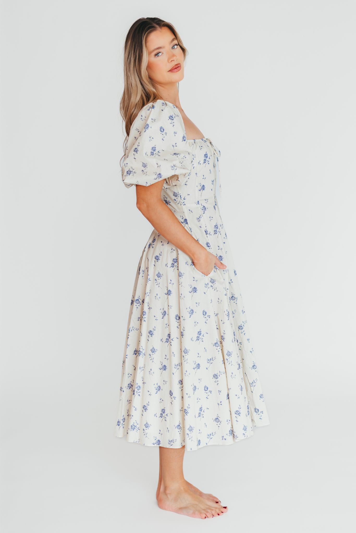 Olivia 100% Cotton Floral Printed Midi Dress in Ivory - Elegant Summer Dress for Women, Perfect for Beach Vacations, Garden Parties & Date Nights