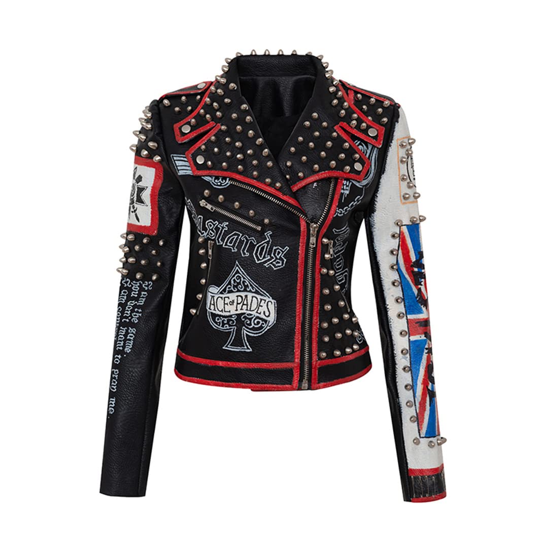 Women's Faux Leather Jacket with Rivet Details - Punk Rock Style Biker Jacket for Motorcycle Riding & Night Outfits