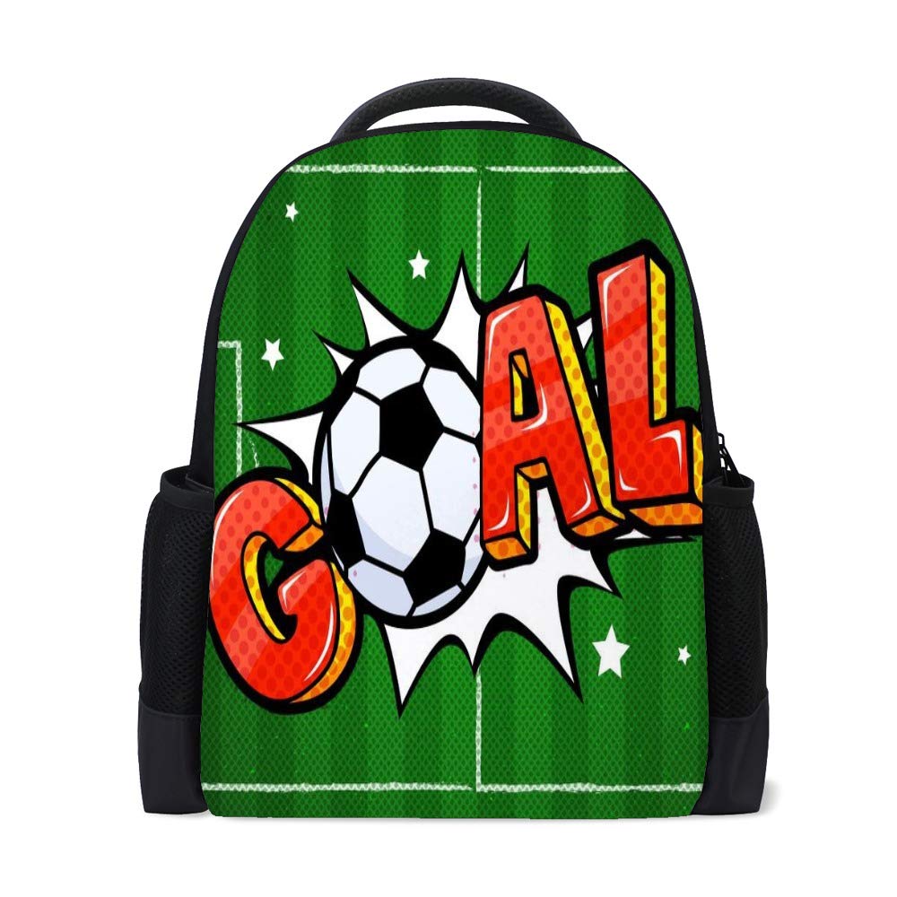 Kuizee 16 Inch Soccer Pop Art Backpack - Durable School Book Bag for College, Travel & Daily Use - Green Football Goal Design Rucksack | Perfect for Students, Commuters & Sports Fans