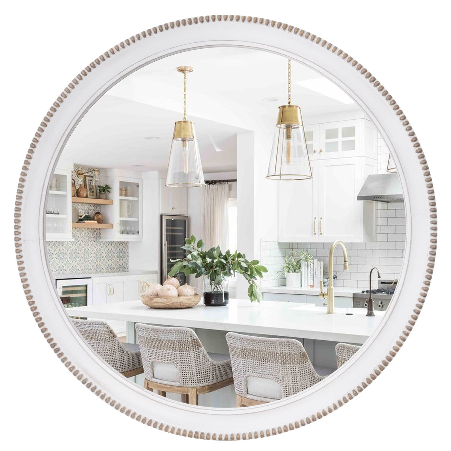 28 Inch Rustic Farmhouse Round Wood Mirror - White Circle Wall Decor for Bedroom & Living Room | Modern Accent Mirror for Home Decor, Wedding, Office & Entryway