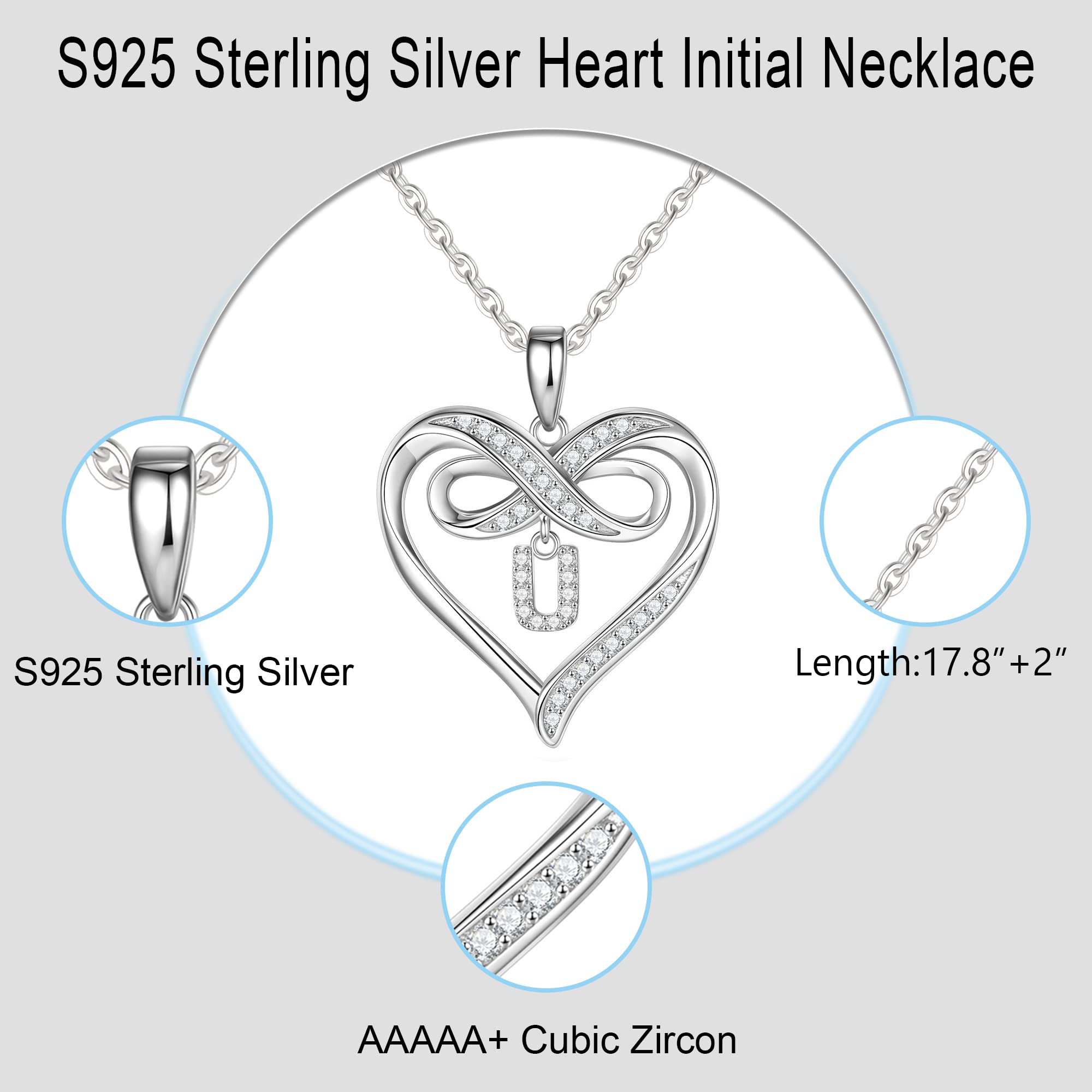Infinity Heart Initial Necklace for Women - 925 Sterling Silver Personalized Name Necklace, Dainty Heart Pendant Jewelry Gift for Her, Teen Girls | Valentine's Day, Anniversary, Birthday Gift Idea