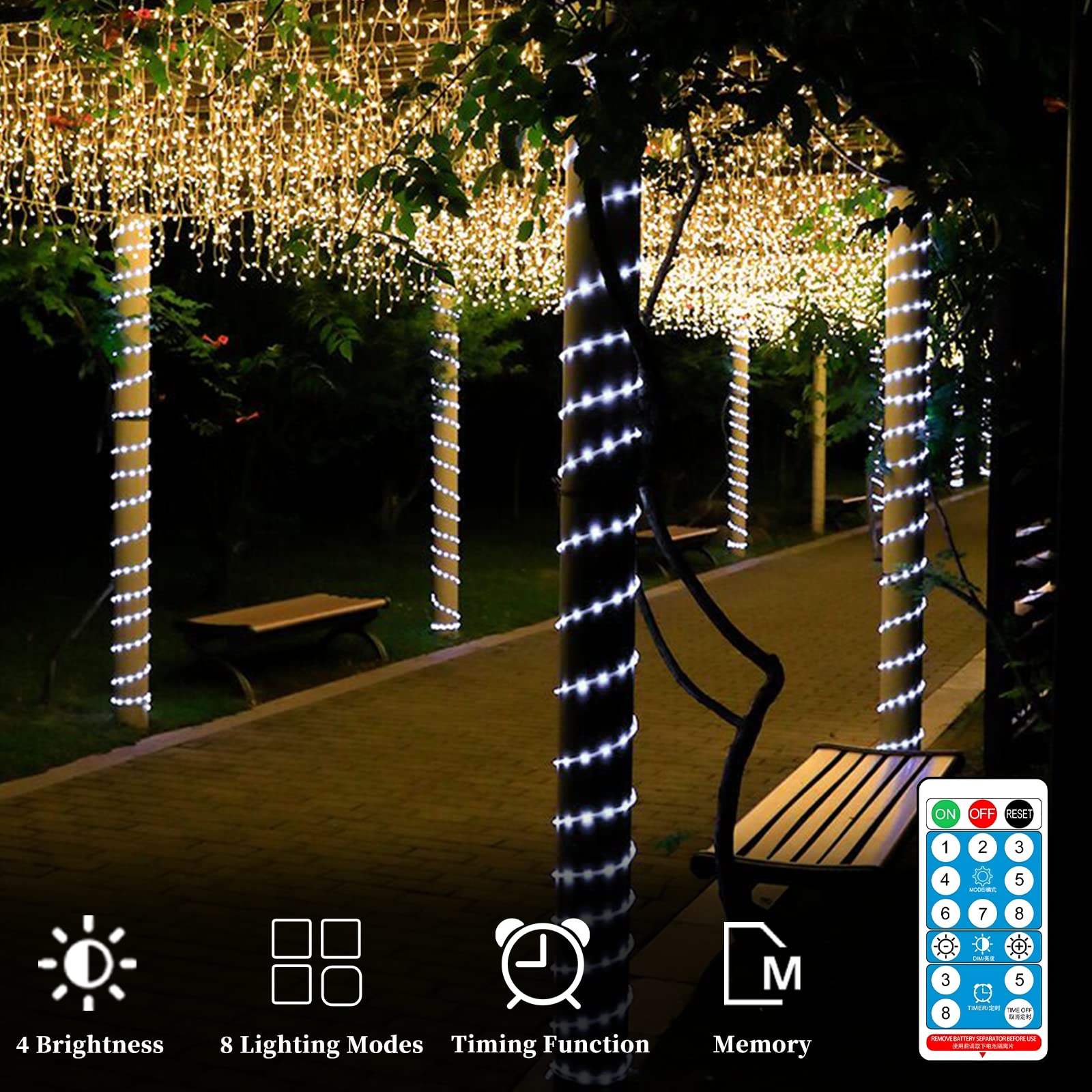 66ft 200LED Solar Rope Lights Outdoor Waterproof - 8 Modes Dimmable with Timer Remote Control - 3.7V/1200mAh Solar Powered String Lights for Garden, Patio, Yard, Pathway and Party Decor (White)