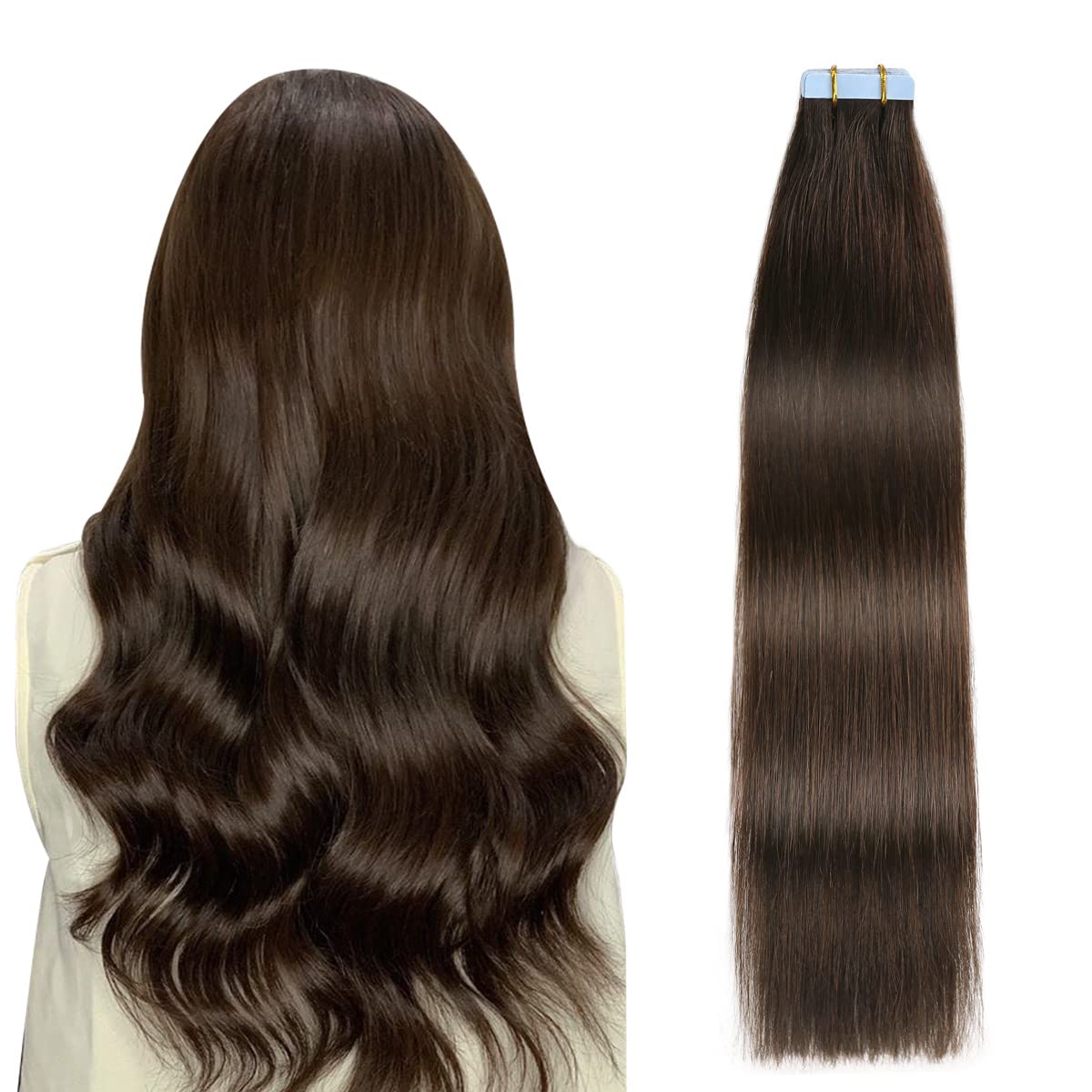 SUYYA 26 Inch Tape in Hair Extensions - 100% Human Hair, Darkest Brown (#2), 60g/pack, 20pcs Straight Seamless Skin Weft - Natural Looking Hair Extensions for Volume & Length - Perfect for Weddings, Parties & Daily Styling