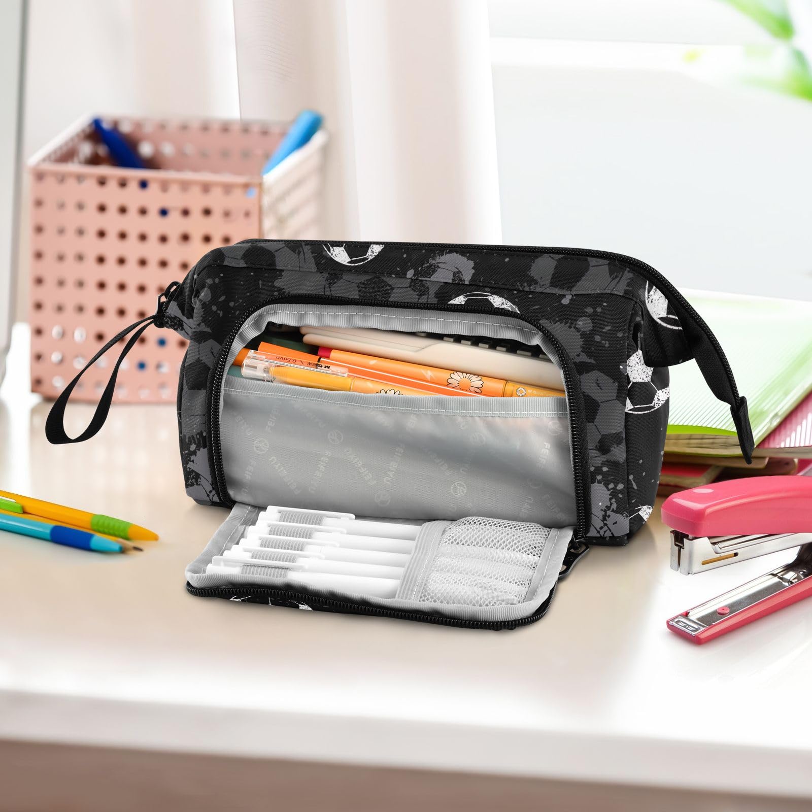 Joisal Abstract Football Black Watercolor Pencil Case with Multiple Compartments - Small Makeup Bag, Pen Organizer Pouch for School, Office & Travel Accessories Storage