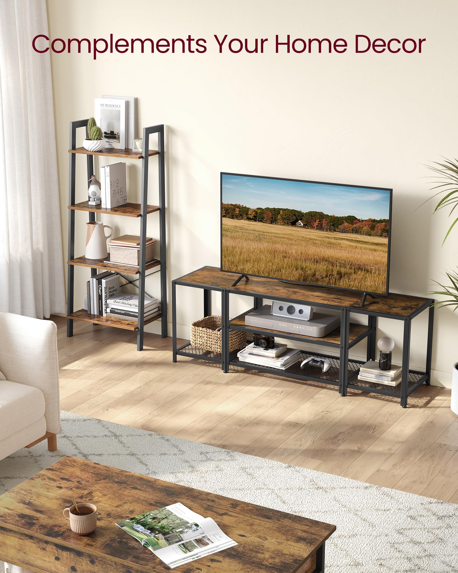 VASAGLE 65 Inch TV Stand with 3-Tier Open Shelves, Industrial Modern Entertainment Center Console Table - Rustic Brown & Black for Living Room & Bedroom | Perfect for Home Theater Setup & Media Storage Organization