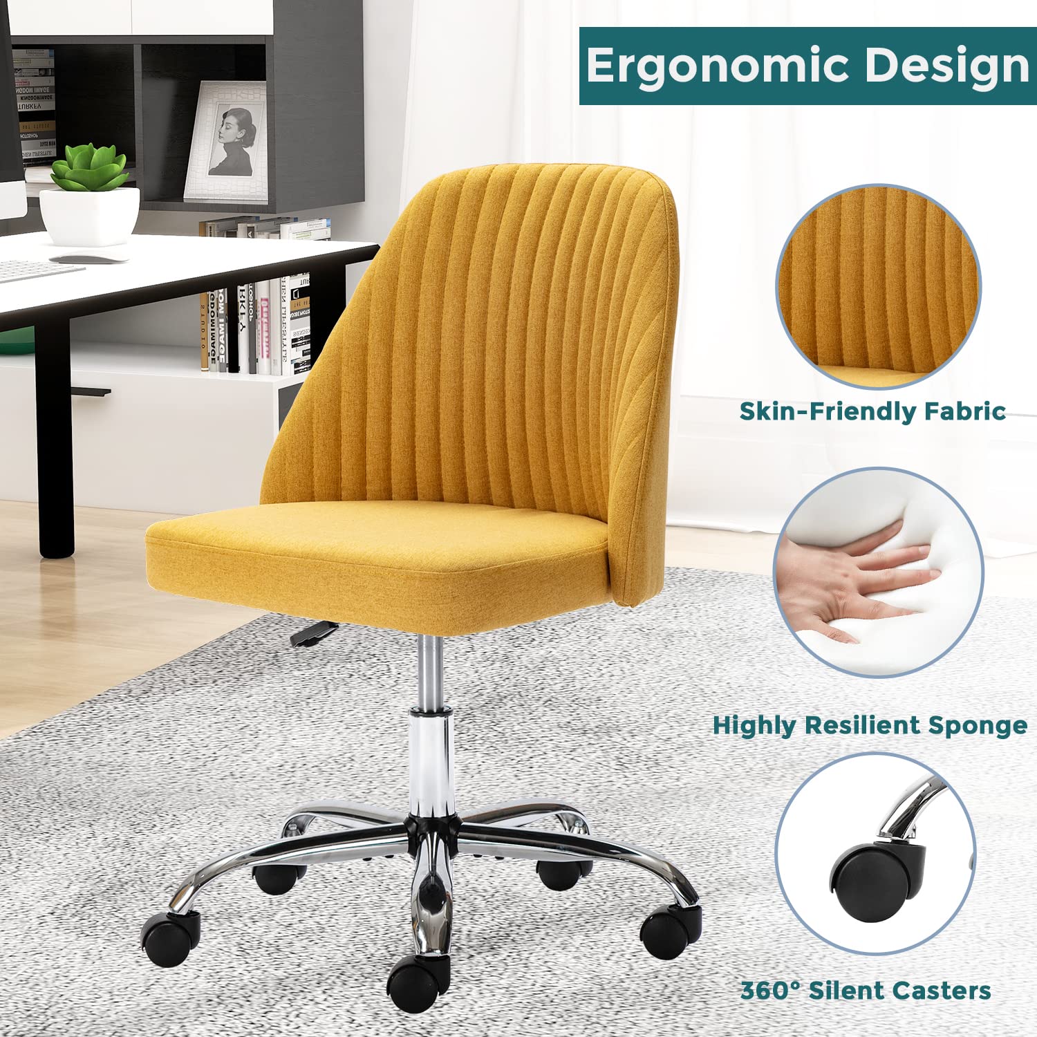 SMUG Yellow Modern Adjustable Rolling Office Chair - Armless Task Chair with Wheels for Bedroom, Makeup Vanity, Living Room - 32.1
