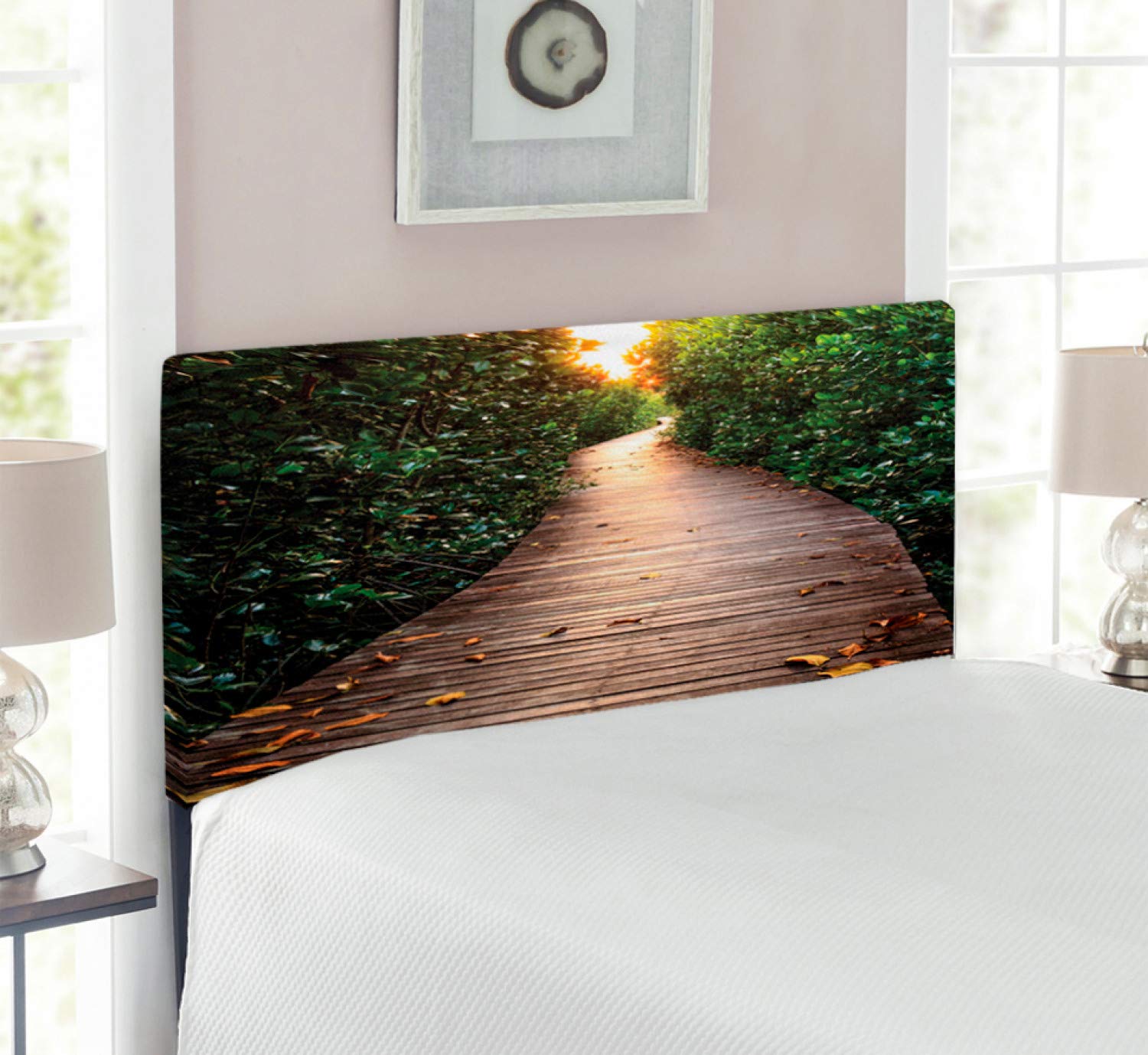 Ambesonne Jungle Headboard - Mangrove Forest Sunlight Tunnel Sunset Autumn Green Leaves Design, Upholstered Decorative Metal Bed Frame with Memory Foam, Twin Size, Brown Green Yellow - Perfect for Nature-Themed Bedrooms, Kids Rooms & Boho Home Decor