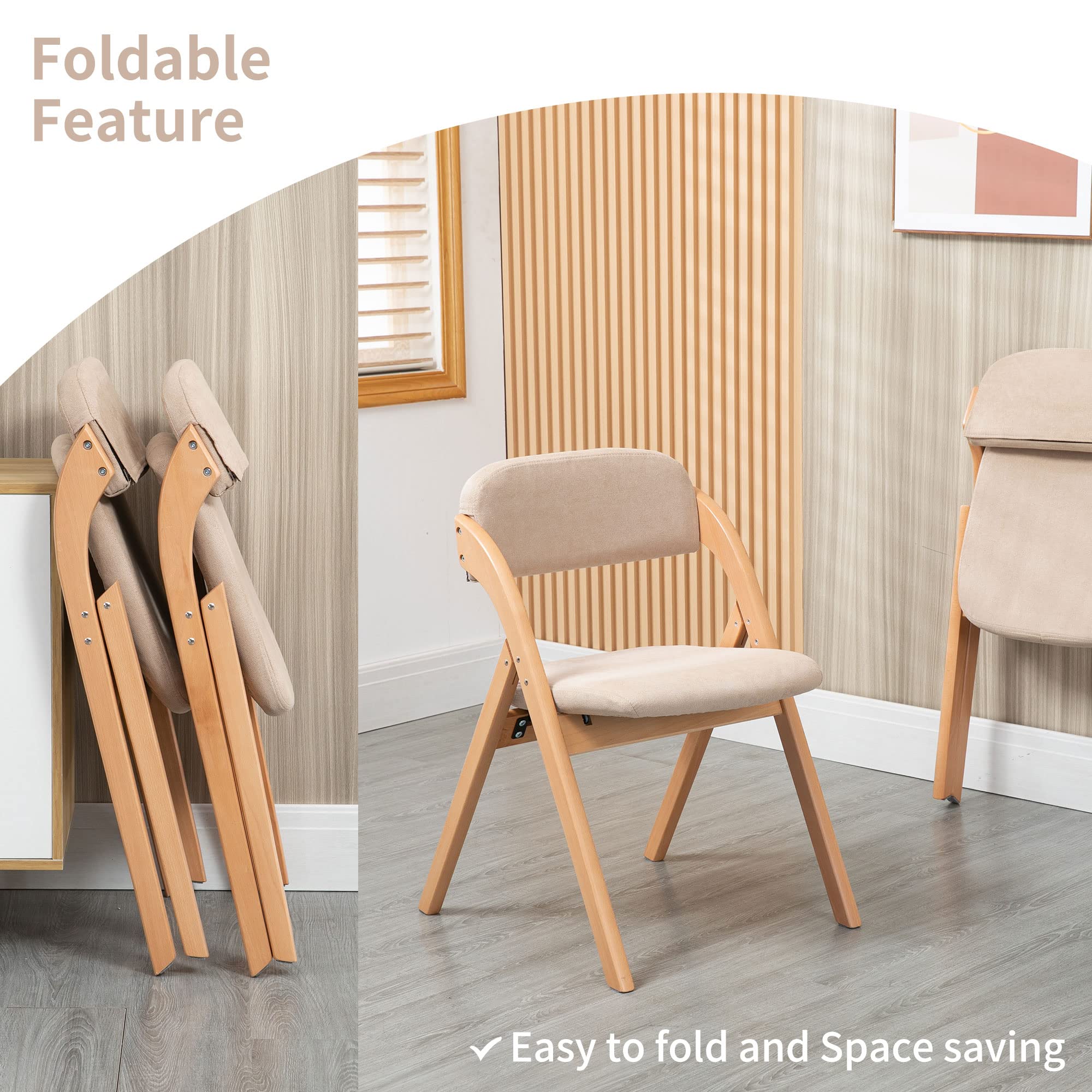 HOMEFUN 2-Pack Wooden Folding Chairs with Padded Seats & Removable Covers - Stackable Dining Chairs for Kitchen, Office, Wedding, Party, Picnic - Perfect for Guest Seating & Space Saving (Khaki)