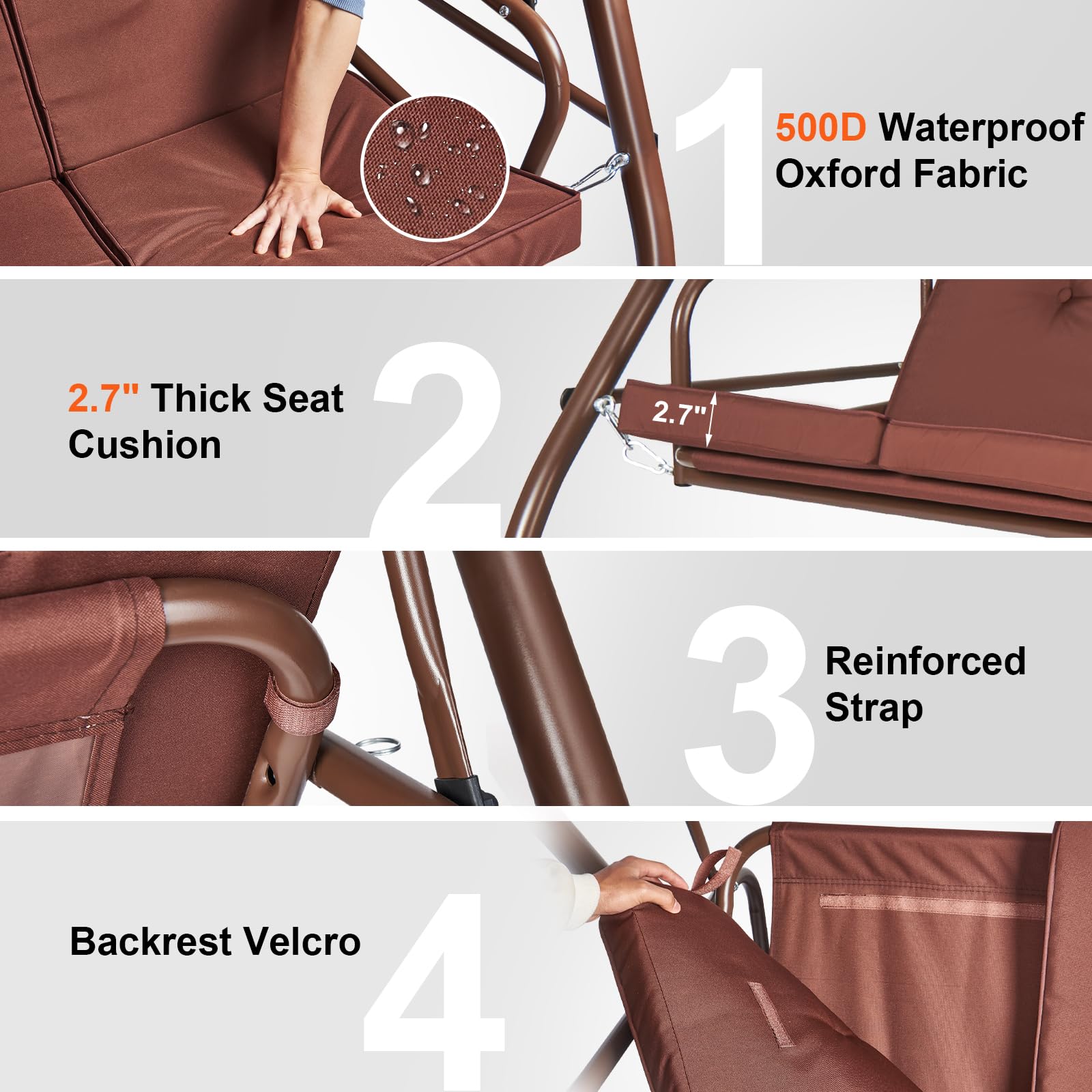VEVOR 3-Seat Patio Swing Chair with Convertible Canopy - Outdoor Porch Swing with Adjustable Canopy, Removable Thick Cushions & Durable Alloy Steel Frame - Perfect for Balcony, Backyard, Poolside, Garden (Brown) | Relaxing Outdoor Seating for Lounging, Reading & Entertaining