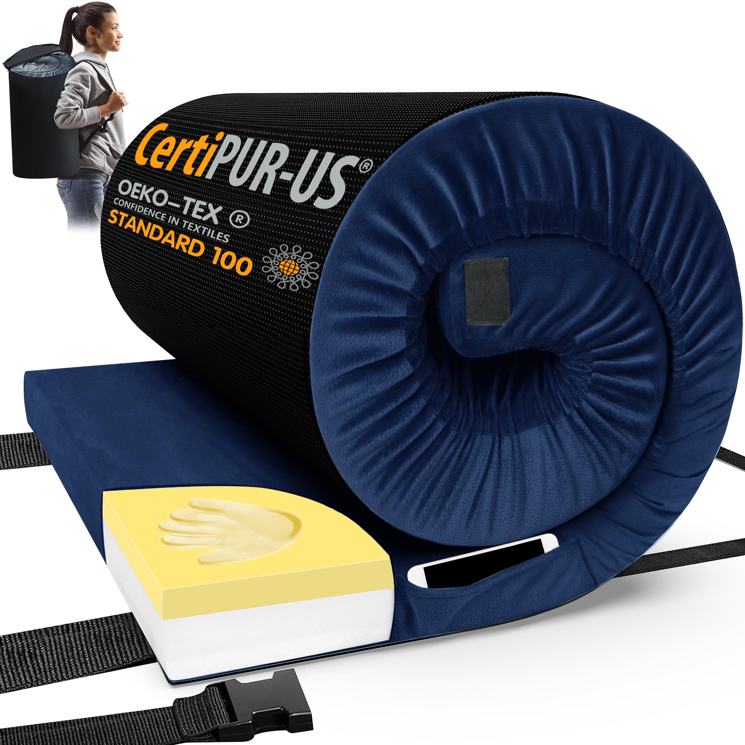 CYMULA Memory Foam Camping Mattress - Portable Roll-Up Sleeping Pad for Adults | CertiPUR-US Certified | Camping, Guest Bed, Travel & Car Sleeping Mat with Carry Bag | Perfect for Outdoor Adventures, Sleepovers & Road Trips