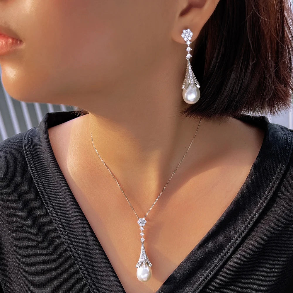 Anjou Pearl and Cubic Zirconia Bridal Jewelry Set - Wedding Necklace & Earrings for Bride, Bridesmaids, and Formal Occasions
