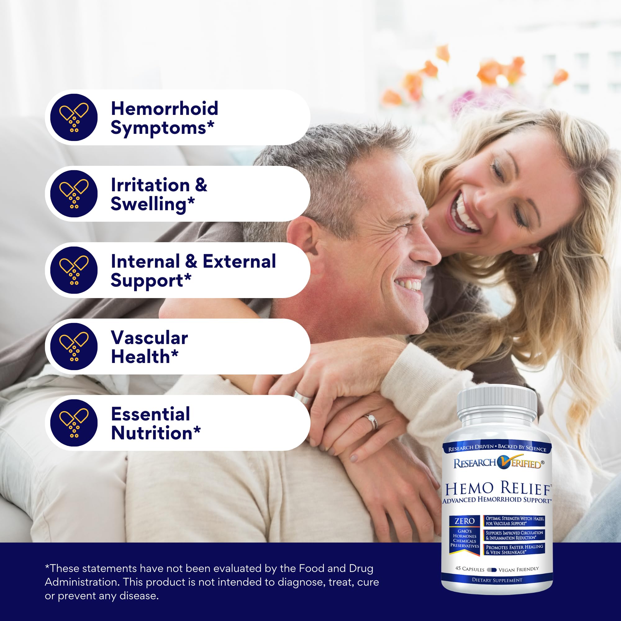 Research Verified Hemo Relief - Natural Hemorrhoid Support with Horse Chestnut, Witch Hazel & Rutin - Dual-Action Formula - 3 Bottles (90 Capsules) - Made in USA - Supports Comfort During Sitting, Travel & Postpartum Recovery