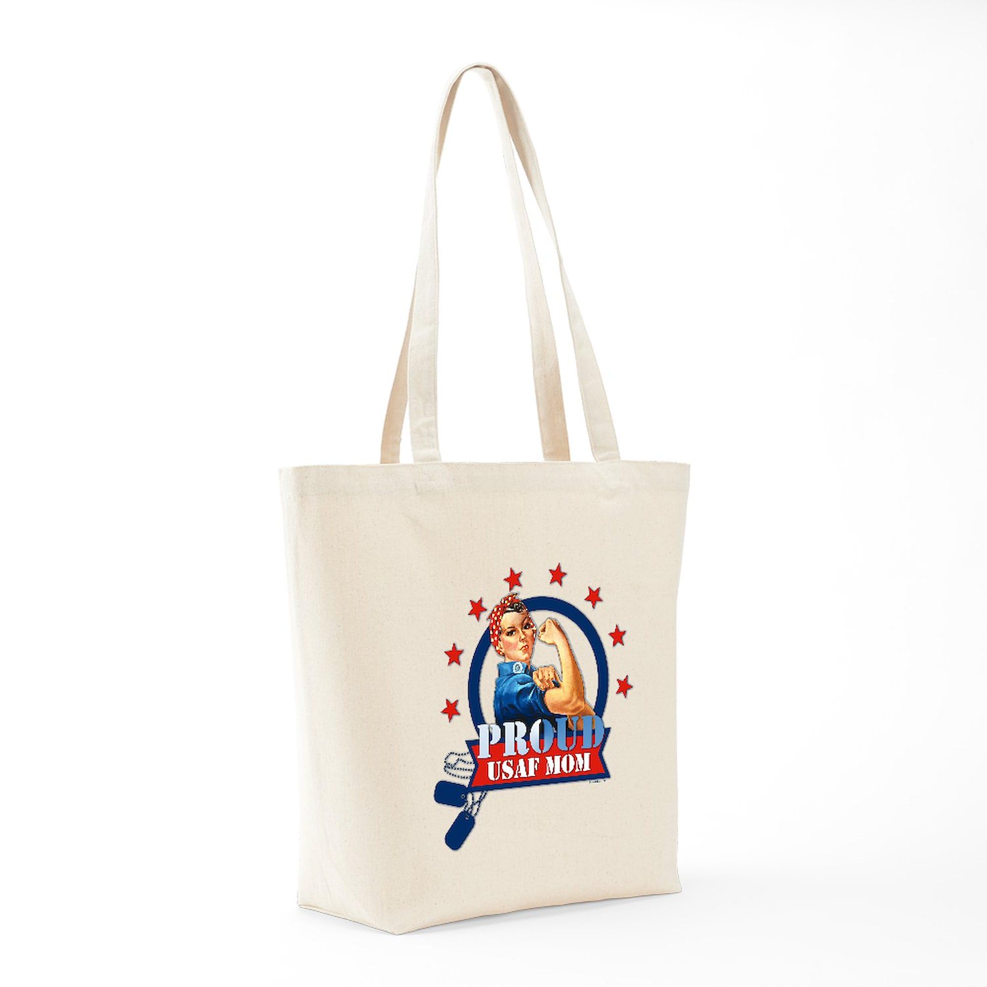 Rosie Proud USAF Mom Tote Bag - Natural Canvas Reusable Shopping Bag for Military Moms | Grocery, Beach, Work & Everyday Use