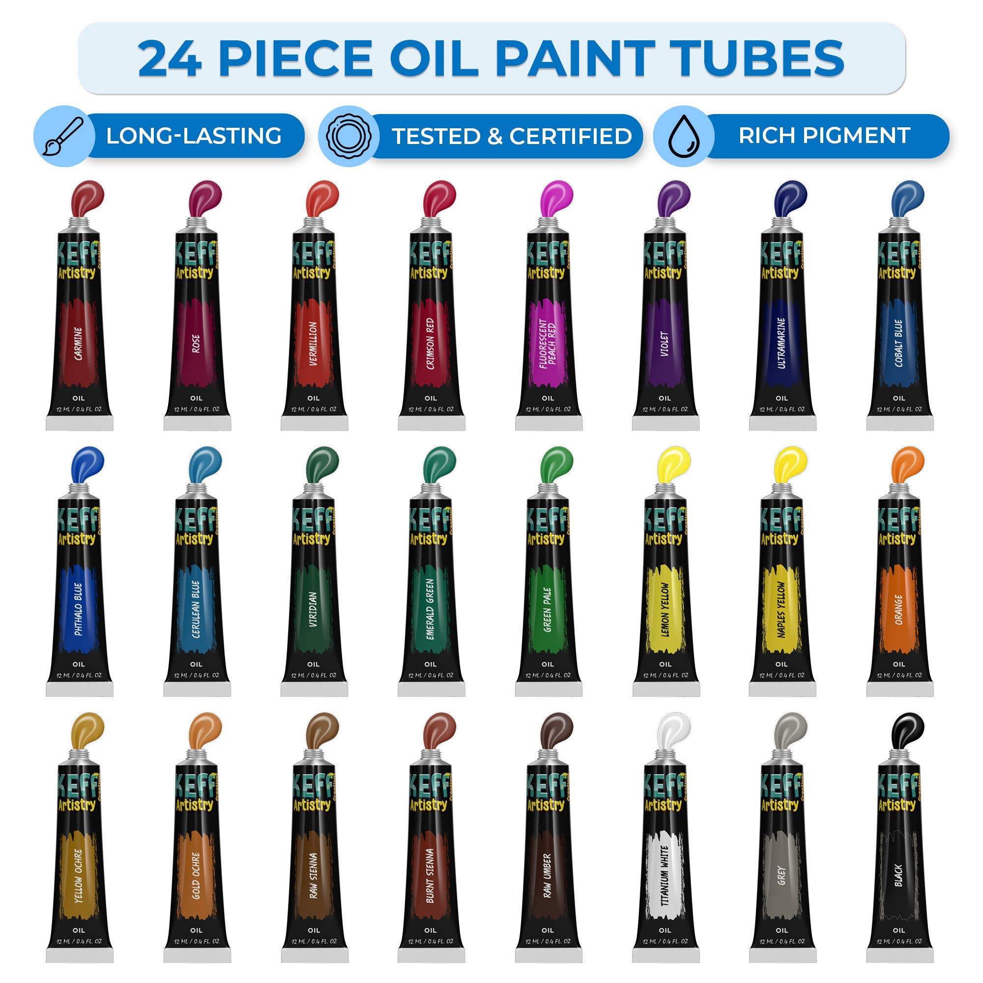 Premium KEFF Oil Painting Kit - 24 Vibrant Oil Paints, Stretched Canvas, Wooden Easel, Brushes & Palette Knives Set for Artists & Beginners | Perfect for Home Studio, Classroom & DIY Art Projects