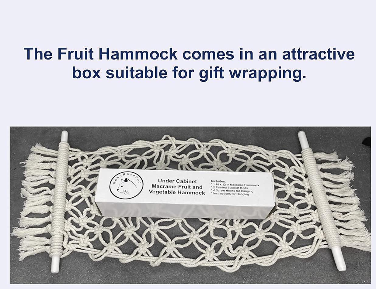Eco-Friendly White Cotton Under Cabinet Macrame Fruit & Vegetable Hammock - Handmade Boho Design with Fringe - Deep Pocket Hanging Storage Organizer - Perfect for Kitchen, RV, Camper, Boat & Small Space Organization