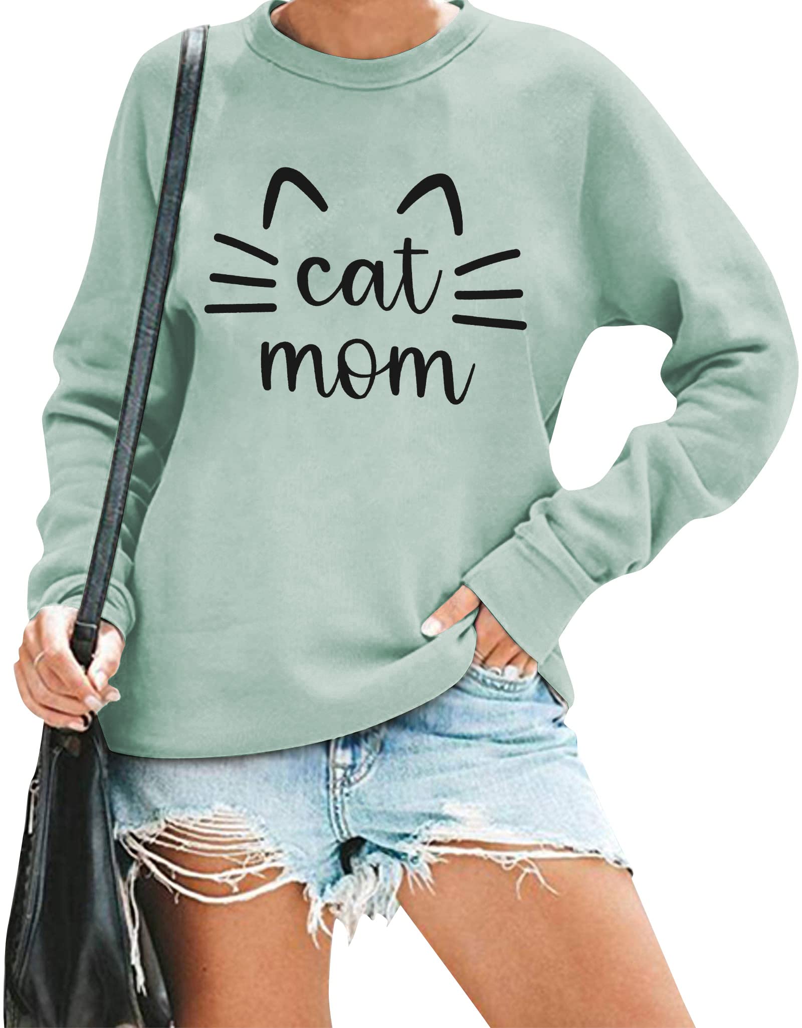 Women's Cat Mom Sweatshirt - Cute Cat Mama Long Sleeve Graphic T-Shirt Top | Perfect for Mother's Day, Cat Lovers & Casual Wear