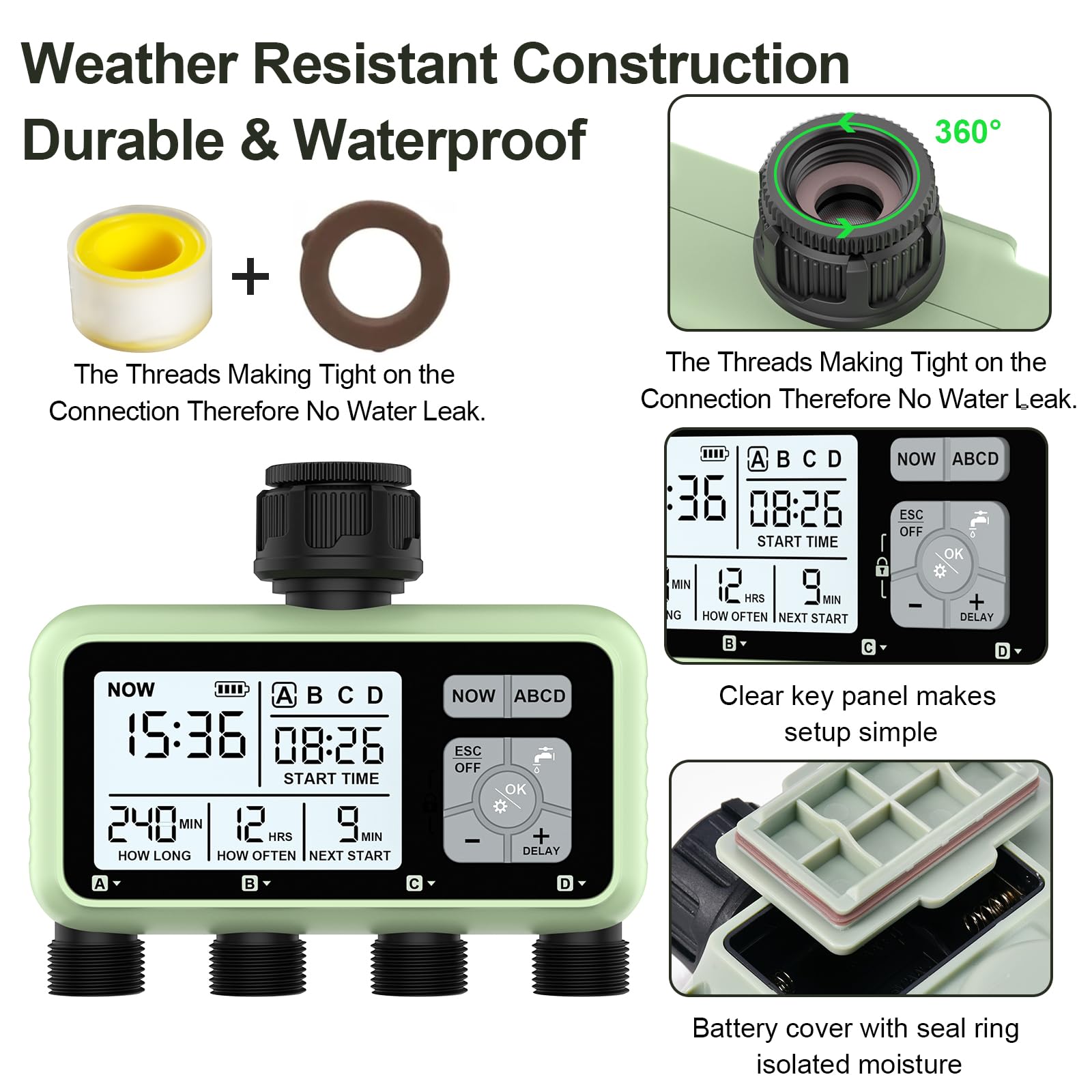 XinFuture 4 Outlet Sprinkler Timer - Programmable Garden Hose Timer with Rain Delay & Waterproof Digital Irrigation Controller for 4 Zones | Automatic & Manual Watering System for Lawn, Garden, Flower Beds & Outdoor Plants