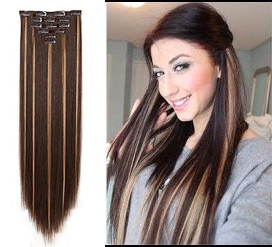 OSEN 6-Piece 24-26 Inch Long Straight Hair Extensions for Women - Golden Highlight Brown Clip-In Human Hair (14 Clips) | Perfect for Parties, Weddings & Daily Styling