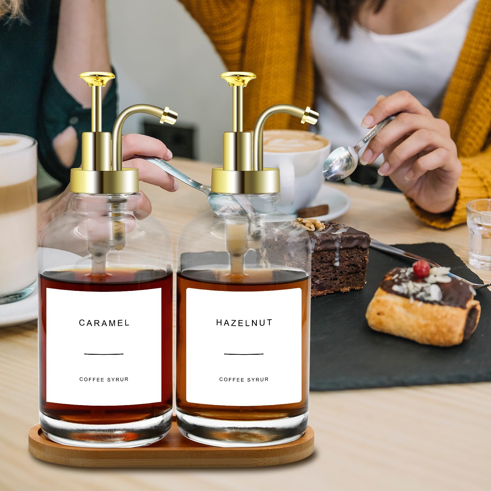 2-Pack 16.9 oz (500ml) Glass Coffee Syrup Dispenser Bottles with Gold Pump - Includes 36 Labels & Bamboo Tray - Perfect for Coffee Shops, Home Bars & DIY Beverage Stations