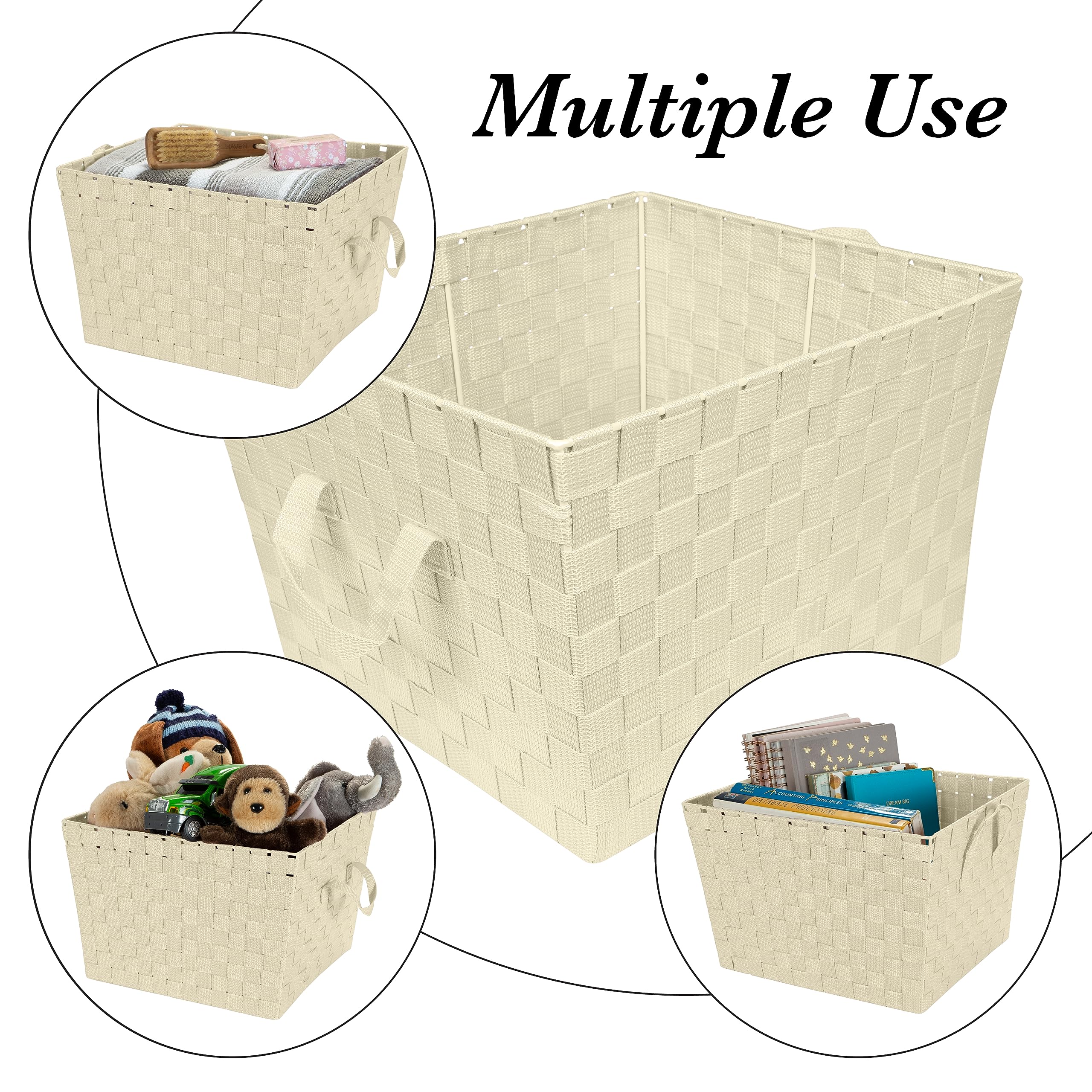 Large Woven Storage Tote Basket with Handles - 4 Pack Ivory for Bedroom, Closet & Nursery Organization