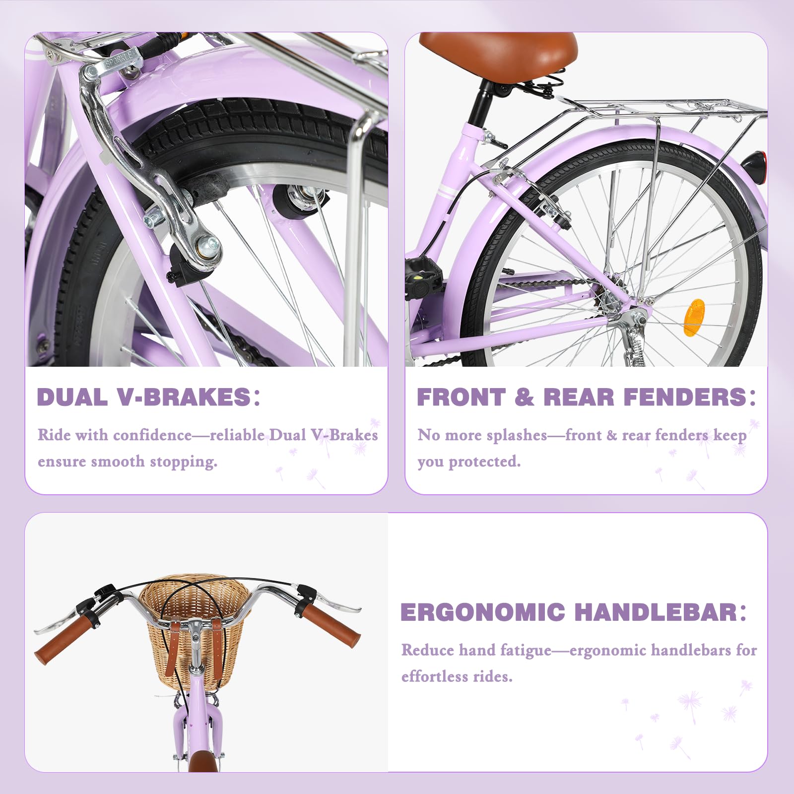 Betterland Women's Beach Cruiser Bike - 24/26 Inch Single Speed Commuter Bicycle with Front Basket, Dual V-Brakes & Adjustable Seat - Perfect for City Riding, Beach Cruising & Casual Commutes