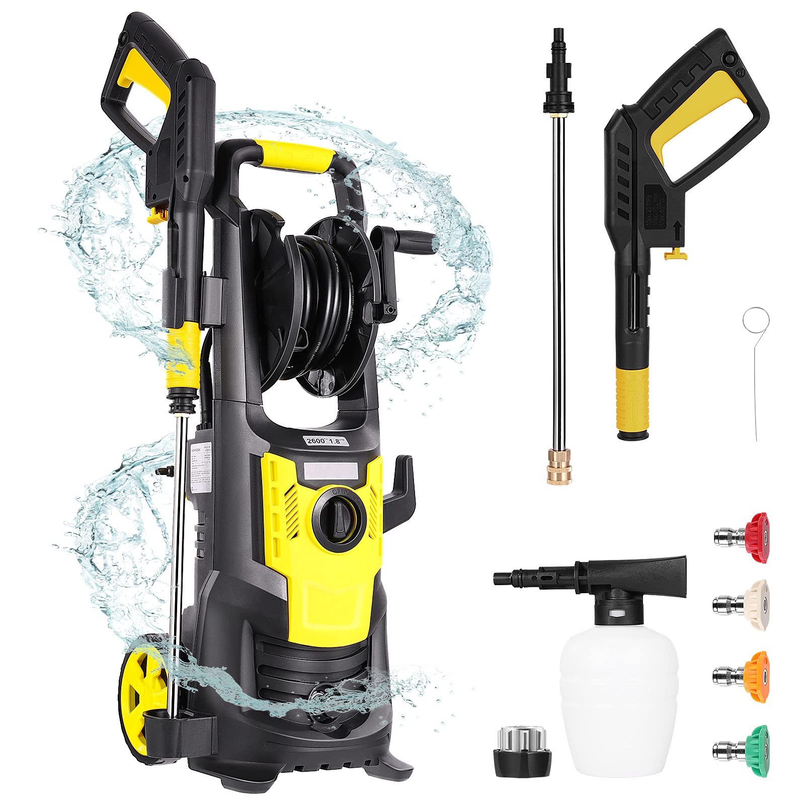 2600PSI High Pressure Washer - 1.8GPM 1600W Electric Power Washer with 4 Quick Connect Nozzles | Portable Pressure Cleaner for Cars, Fences, Driveways, Patios & Outdoor Cleaning | Ideal for Home, Garage & Garden Use