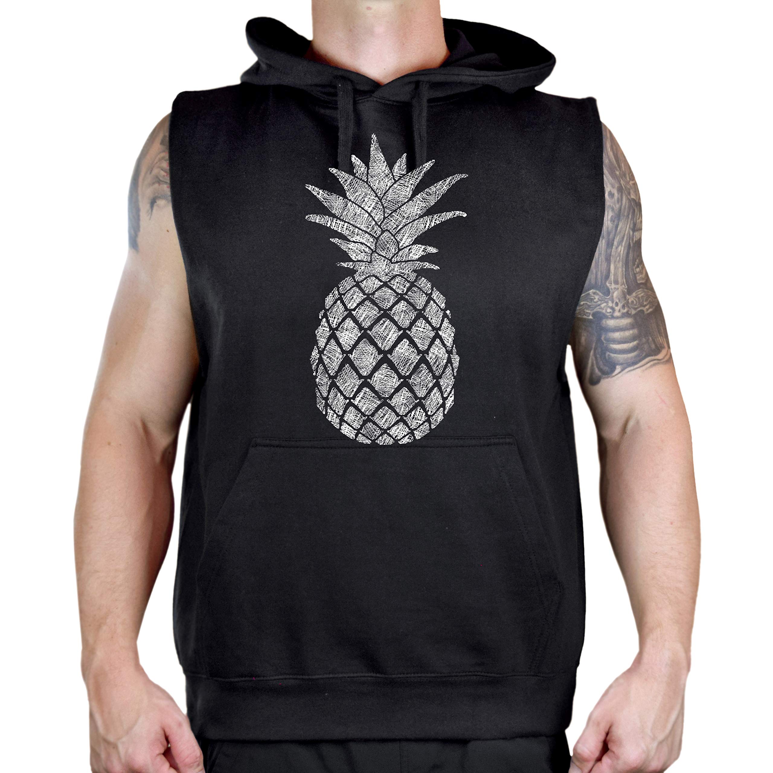 Koyotee Men's Sleeveless Hoodie Vest - Black Pineapple Sketch Design | Lightweight Summer Workout & Streetwear Fashion