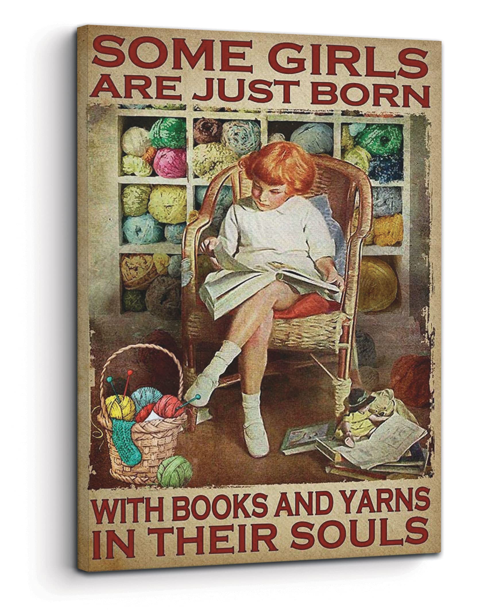 3D Books and Yarn Poster - 'Some Girls Are Born with Books and Yarns in Their Souls' - Framed Canvas Wall Art (0.75 Inch) - Perfect Gift for Book Lovers, Knitters, Christmas & Birthday - Home Decor for Living Room, Bedroom, Library
