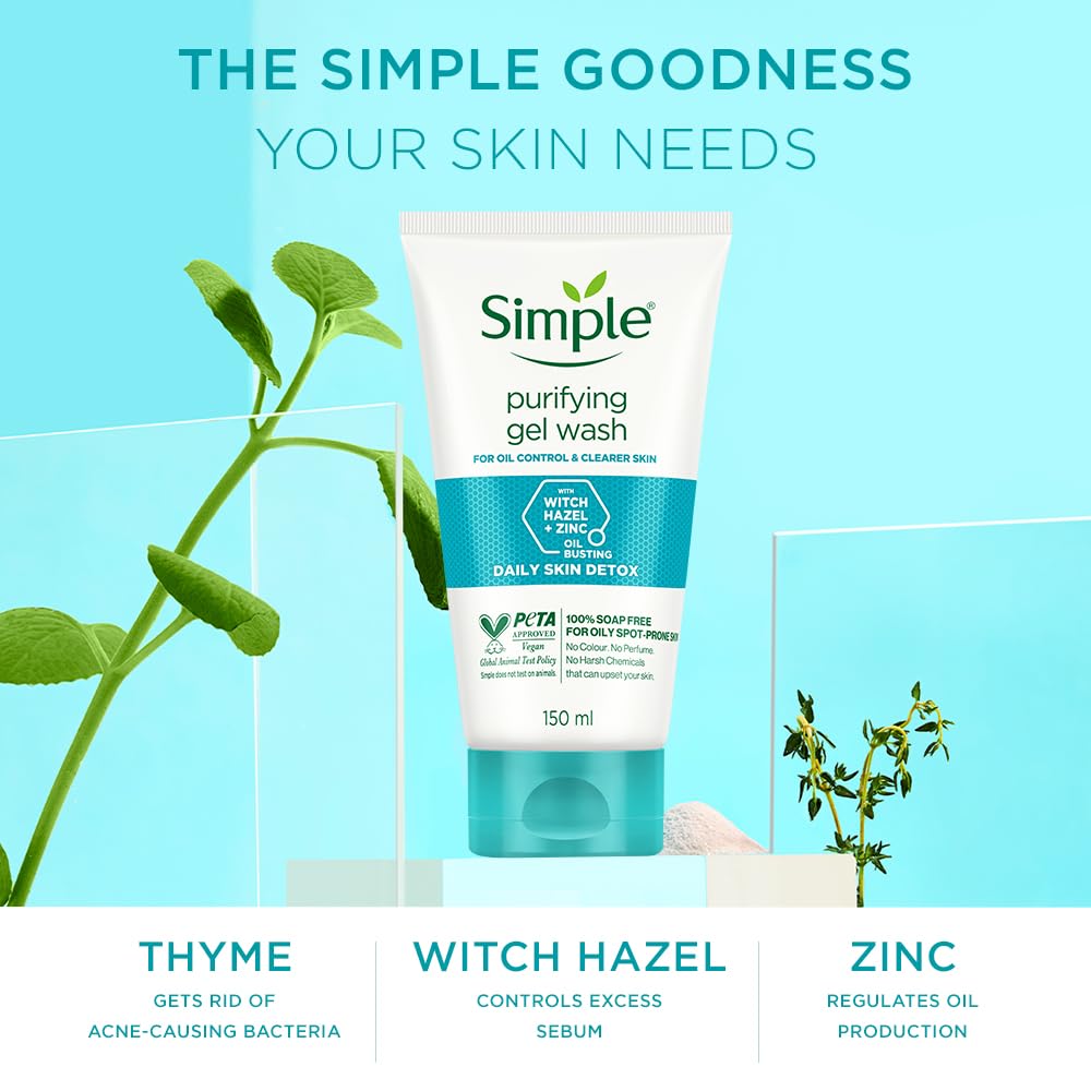 Simple Purifying Face Wash 150ml - Oil Control & Acne Treatment for Sensitive Skin | Soap-Free Gentle Cleanser for Women & Men | Daily Skincare Routine for Oily & Problem Skin