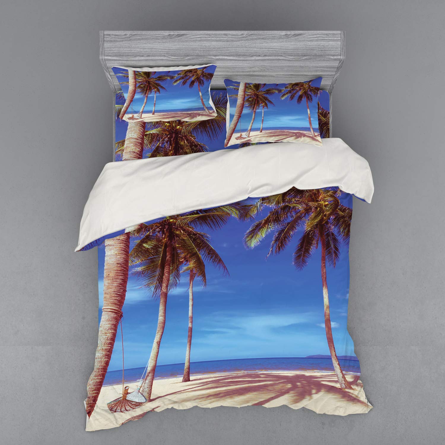 Ambesonne Tropical Beach Duvet Cover Set - 4 Piece Queen Size Bedding with Shams & Fitted Sheet, Navy Cream Green Palm Tree Ocean Hammock Design | Perfect for Summer Bedroom Decor, Coastal Theme Guest Room, Vacation Home & Beach House Styling