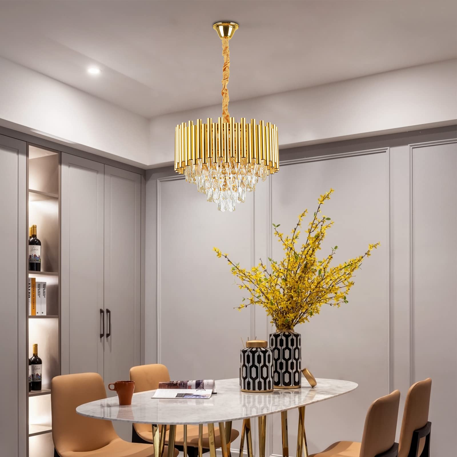 TFCFL Modern Crystal Chandelier Light - 4-Tier Raindrop Crystal Pendant Fixture, Flush Mount Ceiling Lighting for Dining Room, Living Room & Kitchen Island (E12 x 4 Lights) | Elegant Home Decor for Weddings, Restaurants & Luxury Interiors