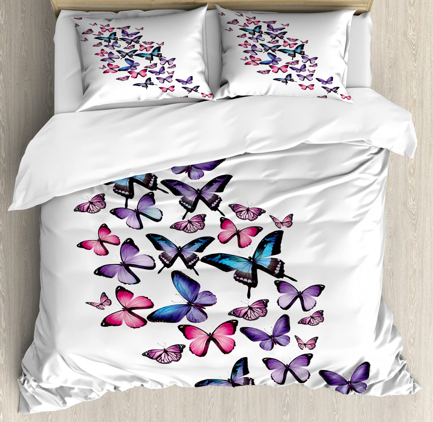 Ambesonne Navy and Blush Butterfly Duvet Cover Set - 2 Pack California King Size, 2 Duvet Covers & 4 Pillowcases - Spring Summer Nature Inspired Bedding - Violet Blue Pink Floral Design - Perfect for Master Bedroom, Guest Room, or Vacation Home Decor