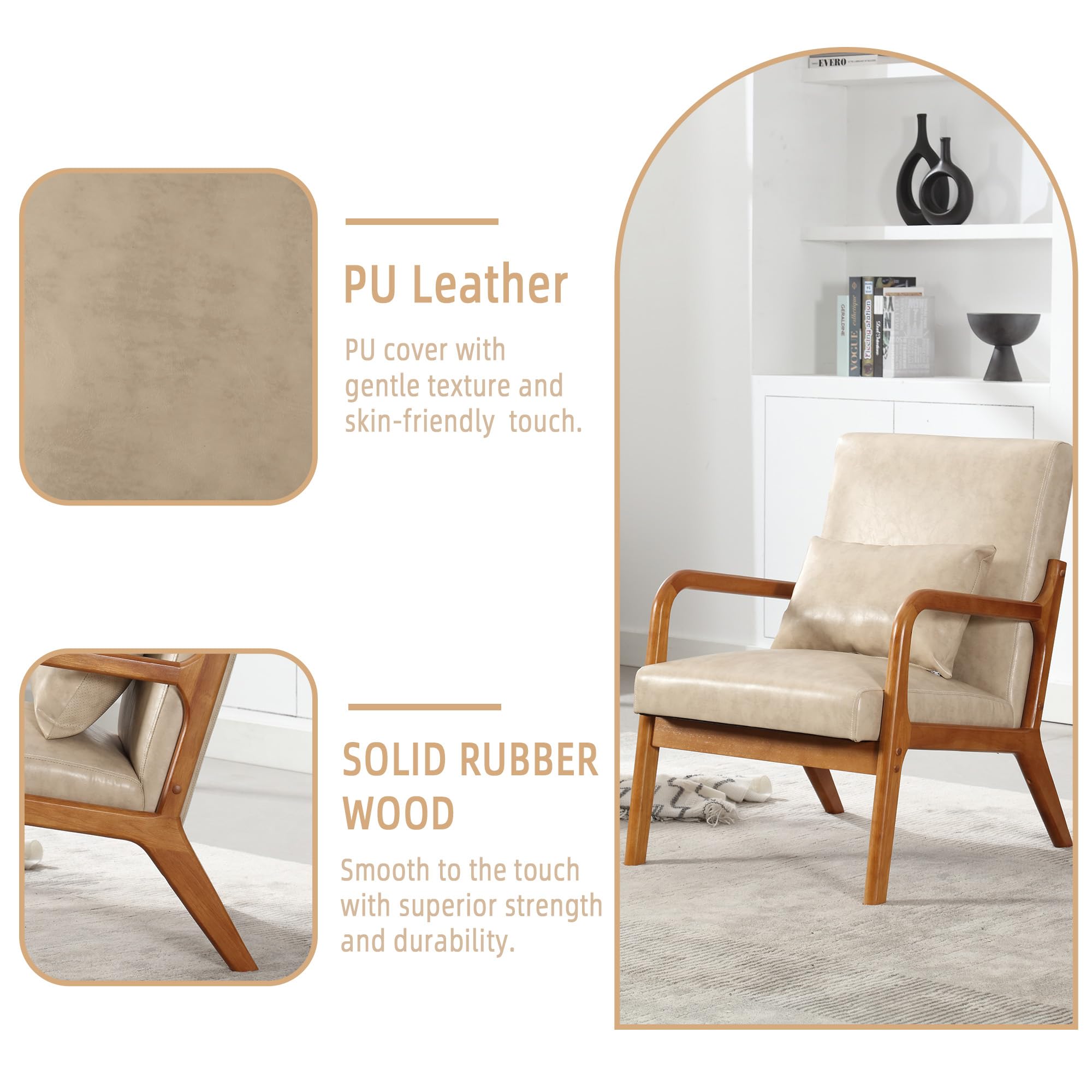 Mid-Century Modern Wooden Armchair with Padded Backrest & Seat Cushion - Comfortable Accent Chair for Living Room, Study or Apartment - Perfect Reading Chair & Lounge Seating (Khaki) - Ideal for Home Office, Coffee Nook & Cozy Corners