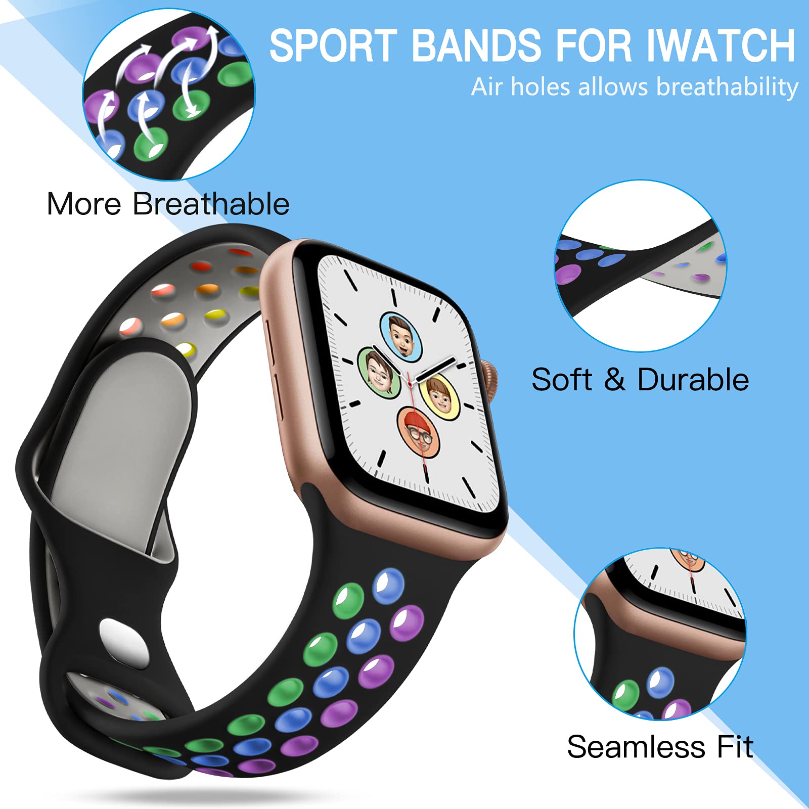 Adorve Compatible with Apple Watch Bands 49mm 46mm 45mm 44mm 42mm - Breathable Silicone Sport Band for iWatch Ultra 2/SE/Series 10/9/8/7/6/5/4/3/2/1 - Men & Women - Black/White/Blue Gray/Blue Rainbow - Perfect for Running, Gym & Daily Wear
