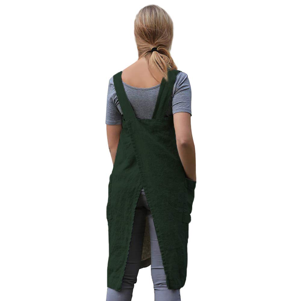 Women's Cross Back Pinafore Apron - Cotton Linen Blend for Baking, Cooking & Gardening - Dark Green XL with 2 Pockets - Perfect for Home Chefs, Bakers and DIY Enthusiasts
