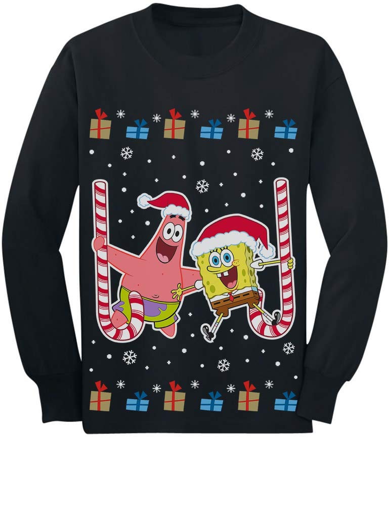 Patrick and Spongebob Ugly Christmas Sweater Toddler & Kids Long Sleeve T-Shirt - Fun Holiday Party Outfit for Boys & Girls