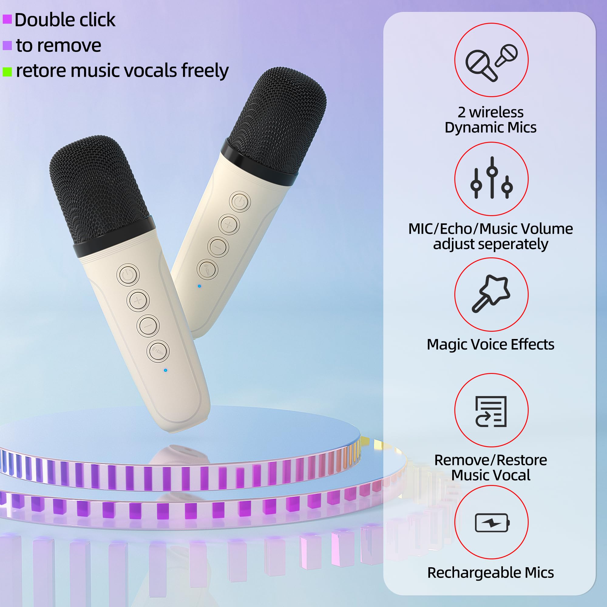 Wireless Karaoke Machine for Kids & Adults with 2 Microphones - Portable Bluetooth Singing System with Dynamic LED Lights for Home KTV, Birthday Parties, Outdoor Activities, Travel Entertainment & Family Fun
