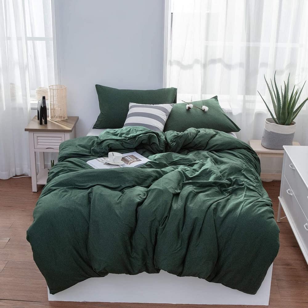 3pc Forrest Green Washed Cotton Duvet Cover Set - Boho Bedding for Twin/Full/Queen/King - Cozy Home Decor
