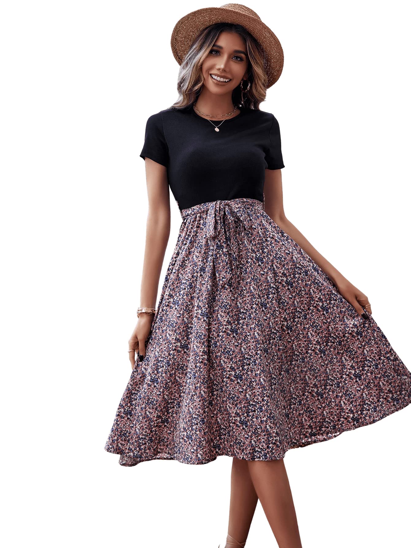SweatyRocks Women's Floral Print Short Sleeve Tie Front A-Line Midi Dress - Casual Summer Dress for Beach, Party & Date Night