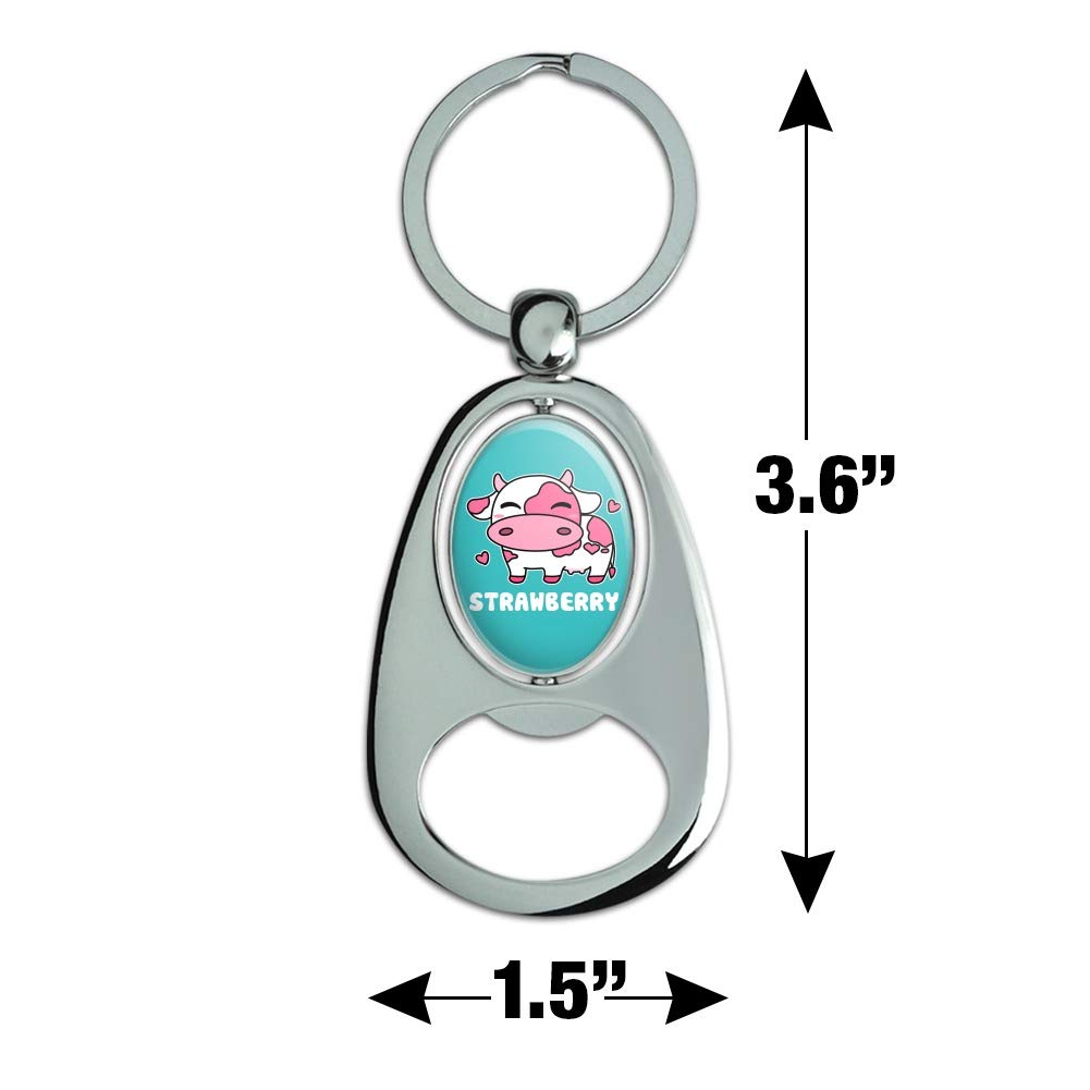 Cute Kawaii Strawberry Milk Cow Keychain - Chrome Metal Spinning Oval Bottle Opener for Gifts, Bags & Keys | Fun Anime Accessories for Girls & Teens