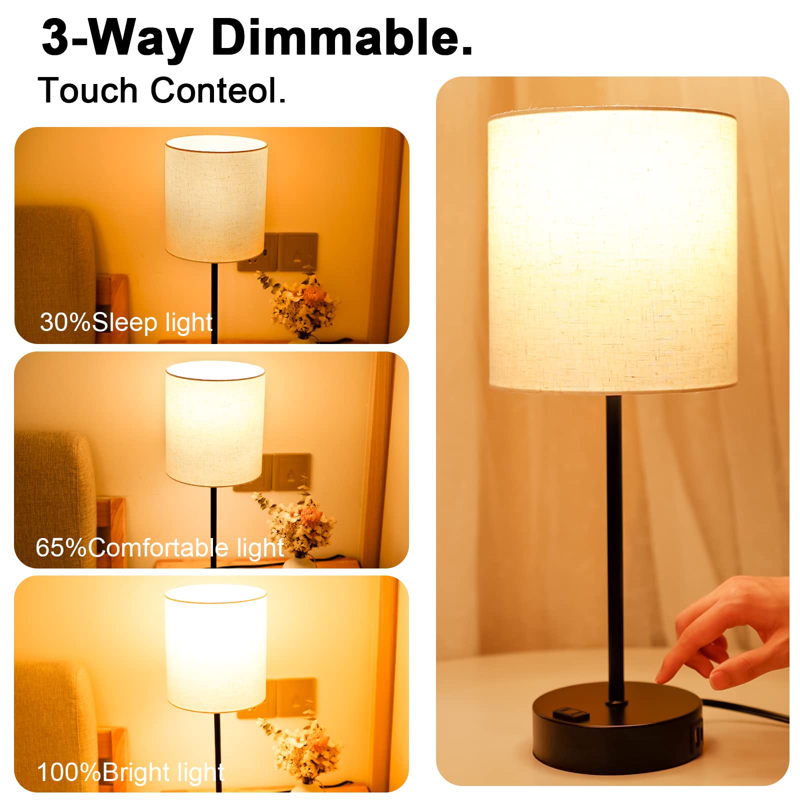 3-Way Dimmable Touch Table Lamp with Round White Lampshade - Set of 2 LED Bedside Lamps for Bedroom, Living Room, Dorm & Home Office - Perfect for Reading, Nightstand Lighting & Ambient Decor (Black)