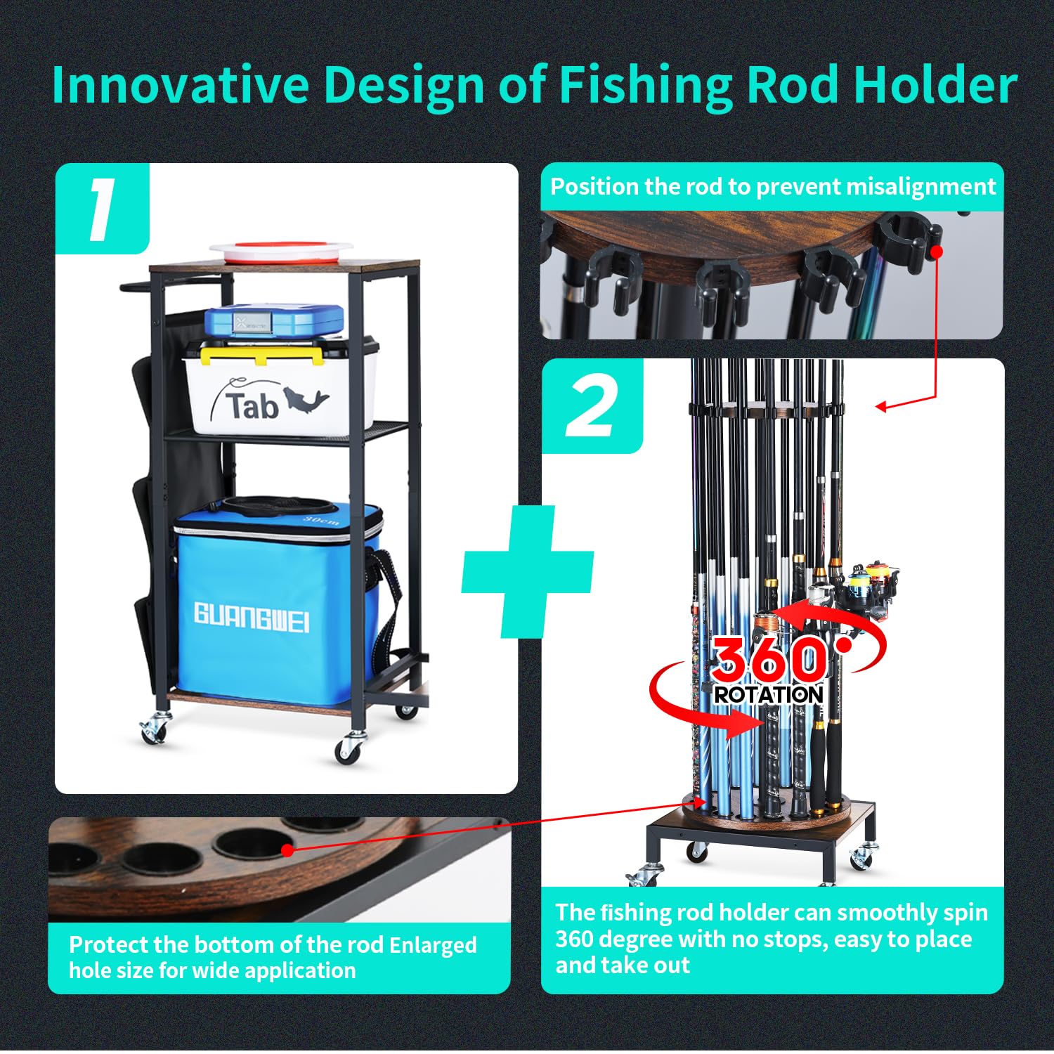 360° Rotating Fishing Rod Holder for Garage - Heavy Duty Fishing Pole Storage Rack & Organizer Cabinet - Perfect Fishing Gear Equipment Organizer for Men, Dad & Anglers - Ideal for Garage, Boat & RV Storage