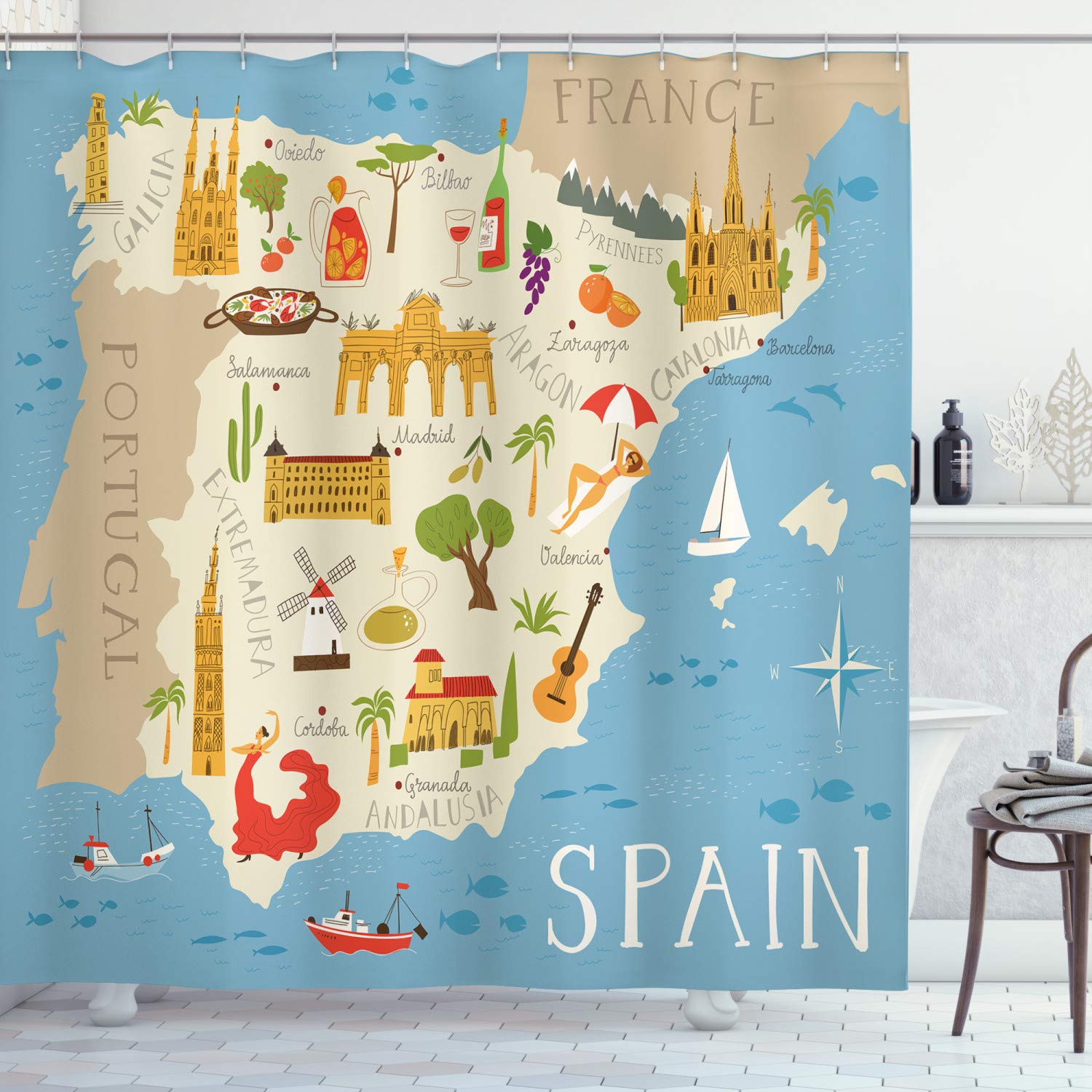 Ambesonne Spain Map Shower Curtain - Detailed Calligraphy Travel Design with Famous Landmarks, 69x75 Inch Waterproof Fabric Bathroom Decor with Hooks - Perfect for Travel Lovers & Geography-Themed Bathrooms