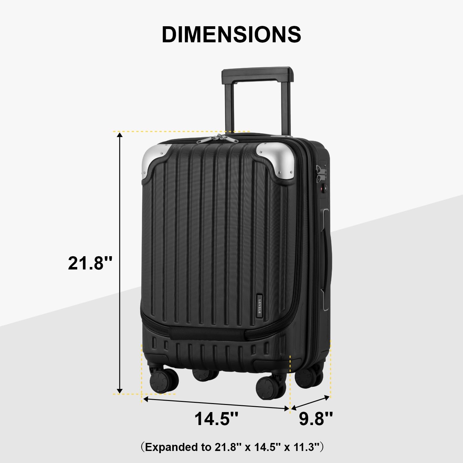 LEVEL8 Grace 20 Inch Expandable Hard Shell Carry-On Luggage with Front Compartment, TSA Lock & Smooth Wheels - Lightweight Airplane Suitcase for Business Travel & Weekend Getaways (Black)